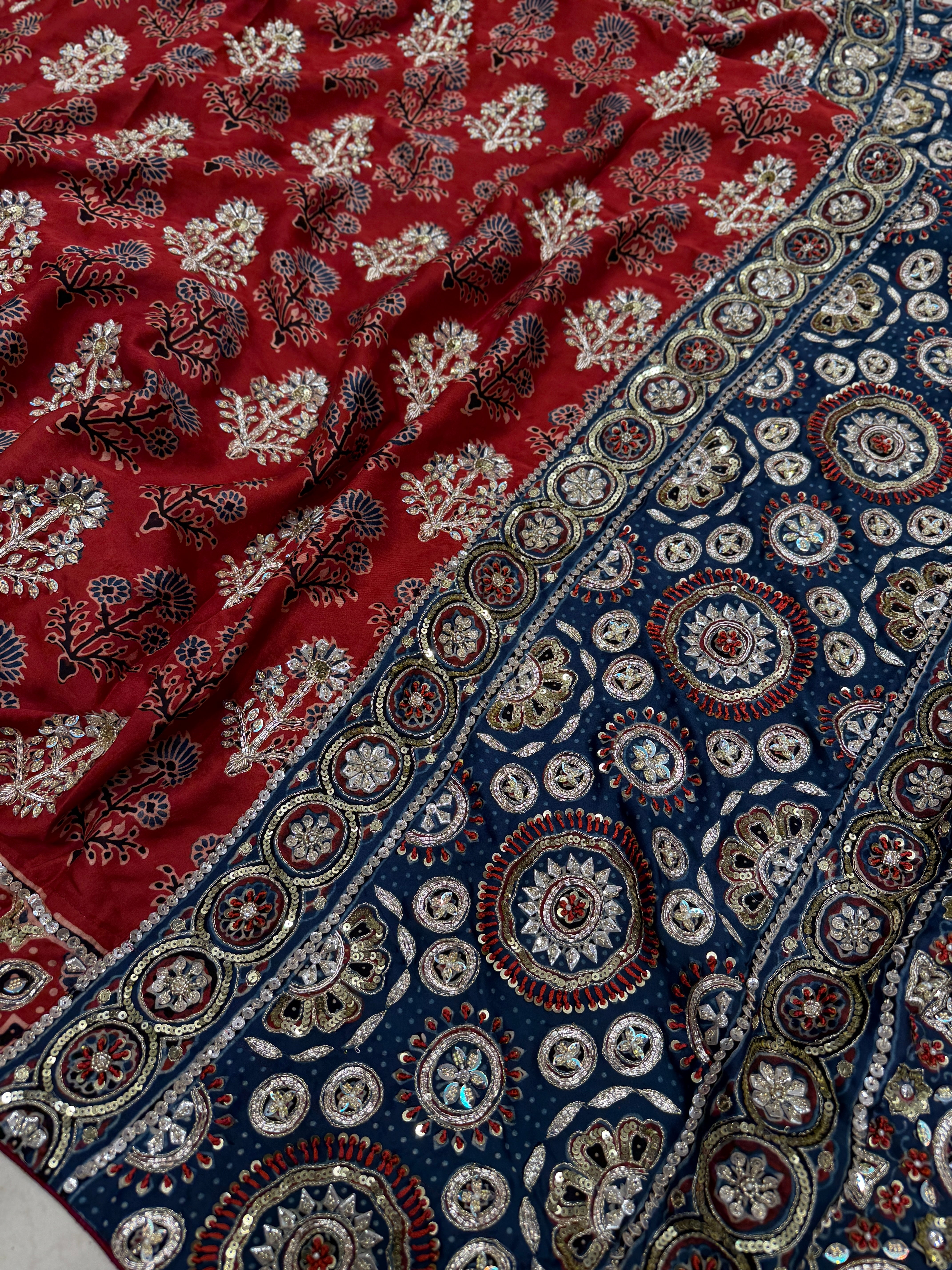 Red Blue Butta Pita Zardosi Sequin Ajrakh Hand Embroidery Saree