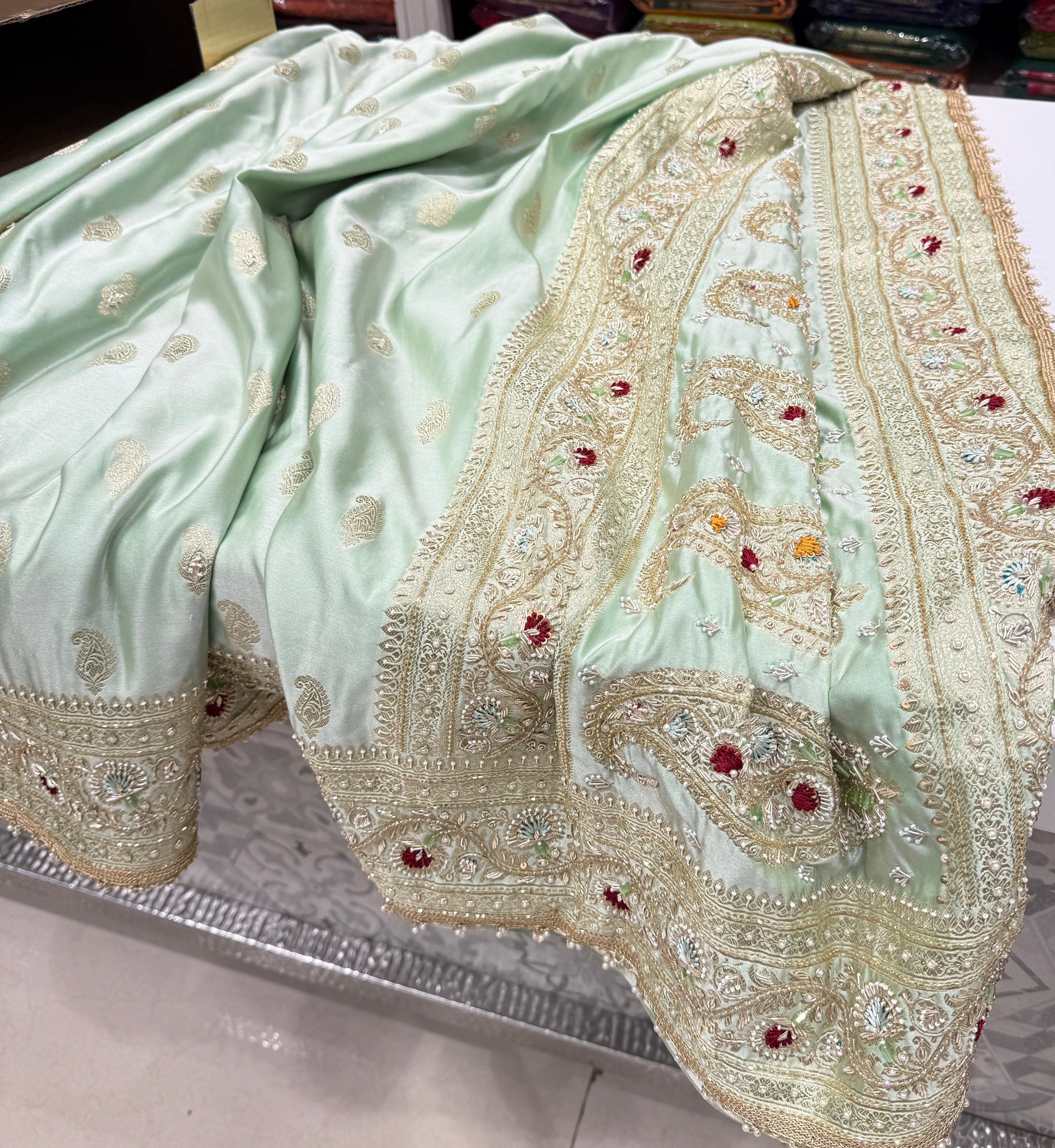 Pista Green Banarasi Meenakari Buttis Zardosi Knot Embroidery Saree