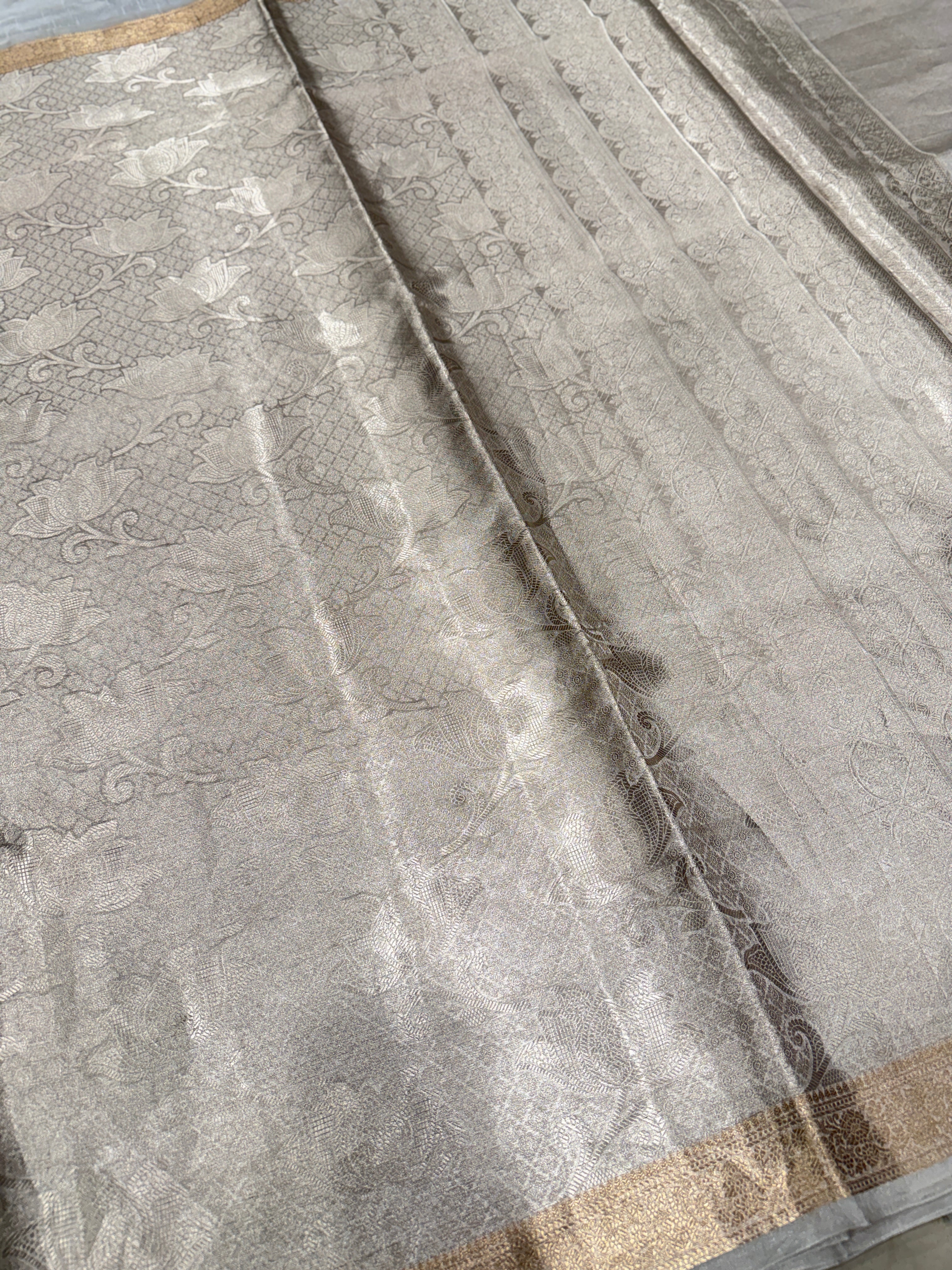 Silver Pure Woven Double Tissue Brocade Silk Saree