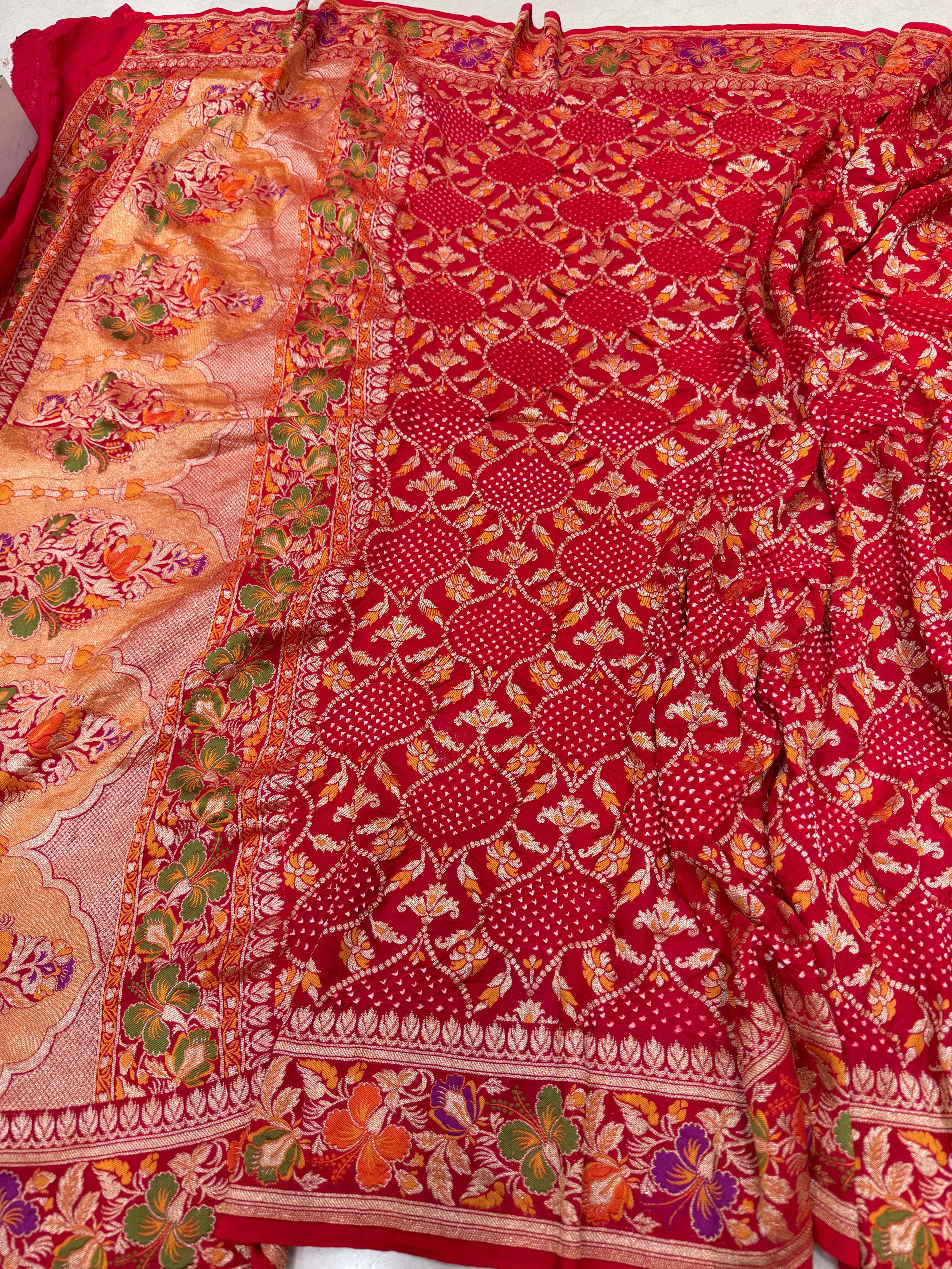 Red Handloom Meenakari Rai Bandhej Pure Zari Dupatta