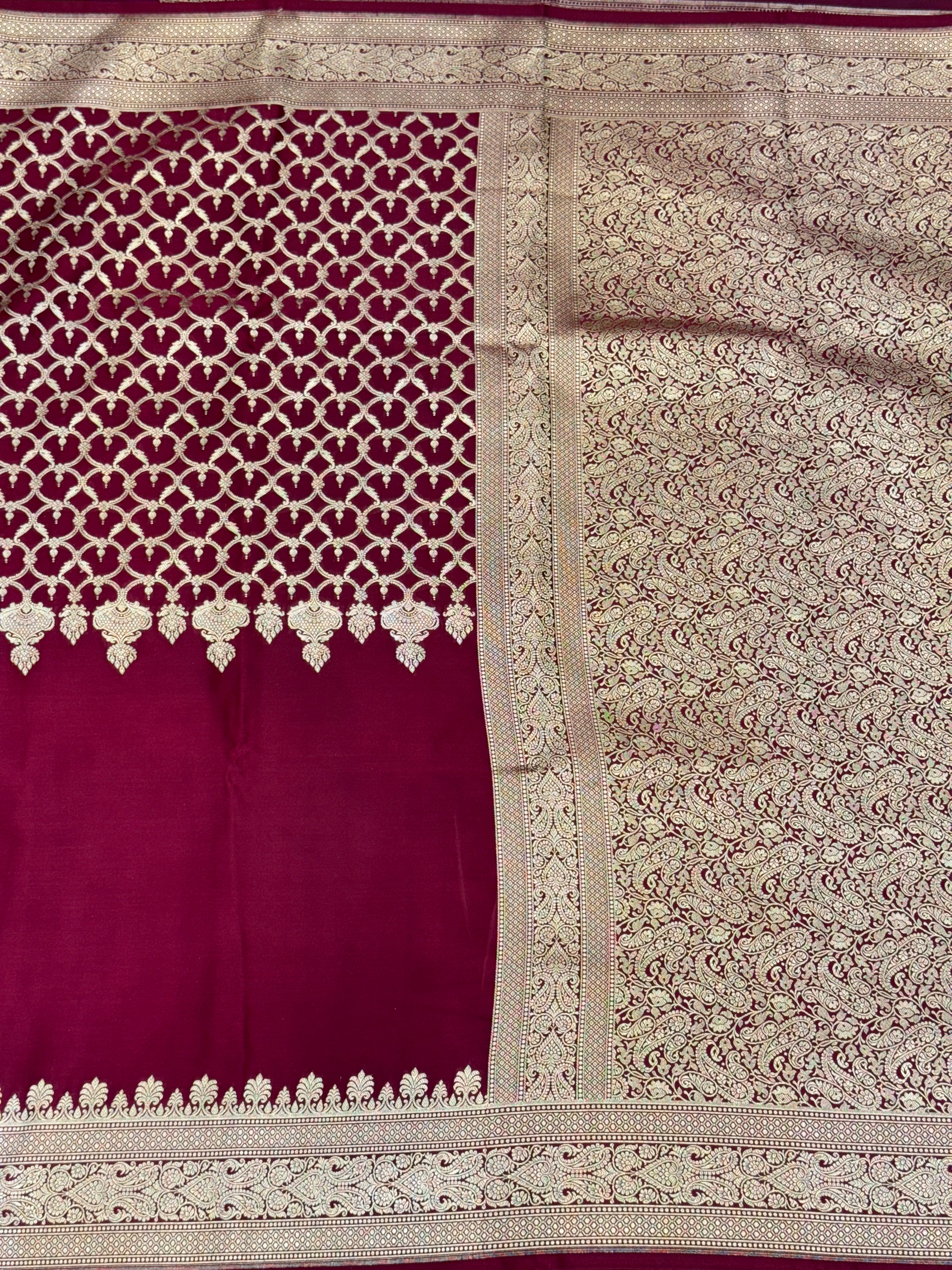 Wineish Maroon Banarasi Silk Half n Half Saree