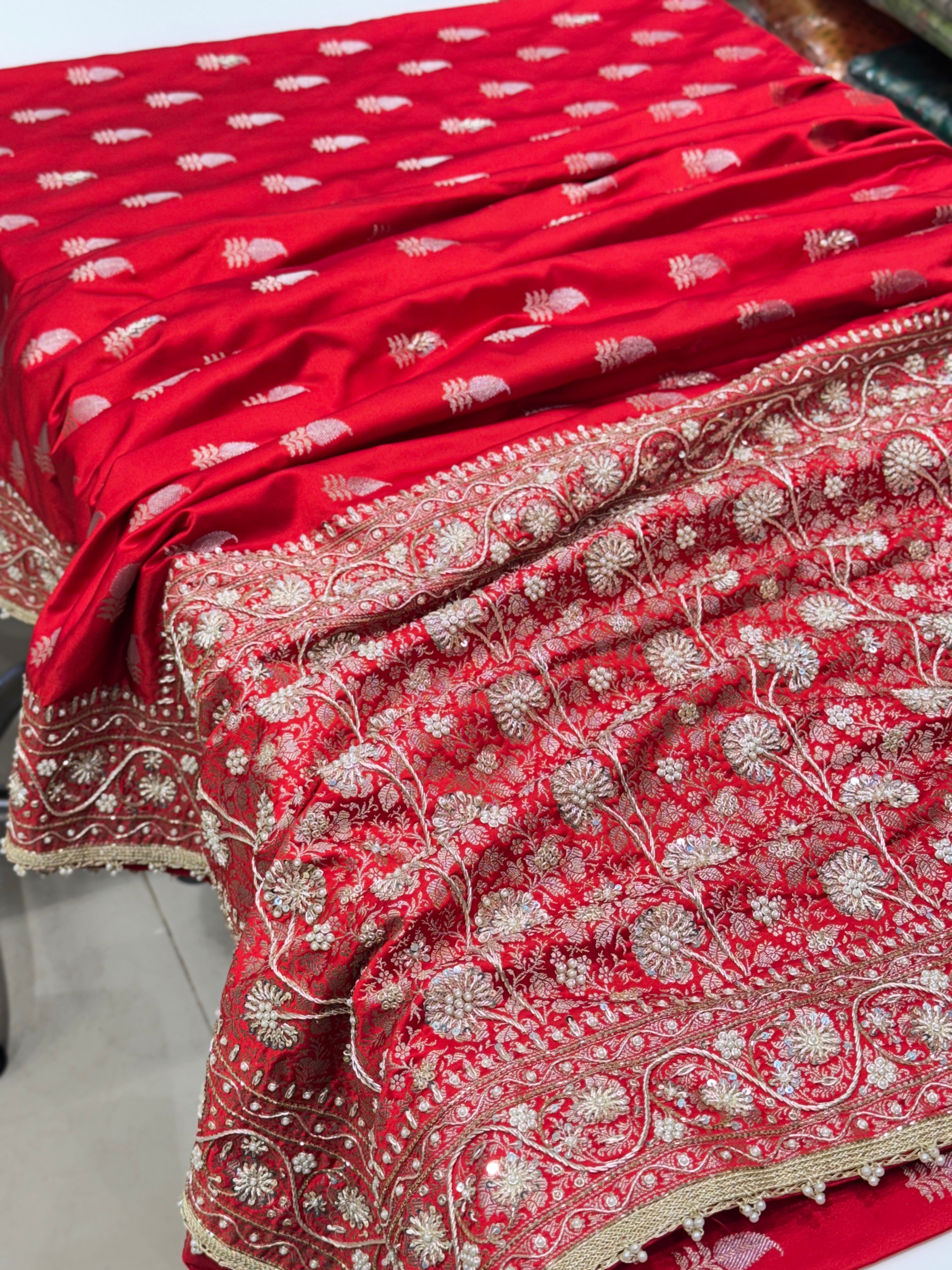 Red Banarasi Japanese Butti Zardosi Hand Embroidery Saree