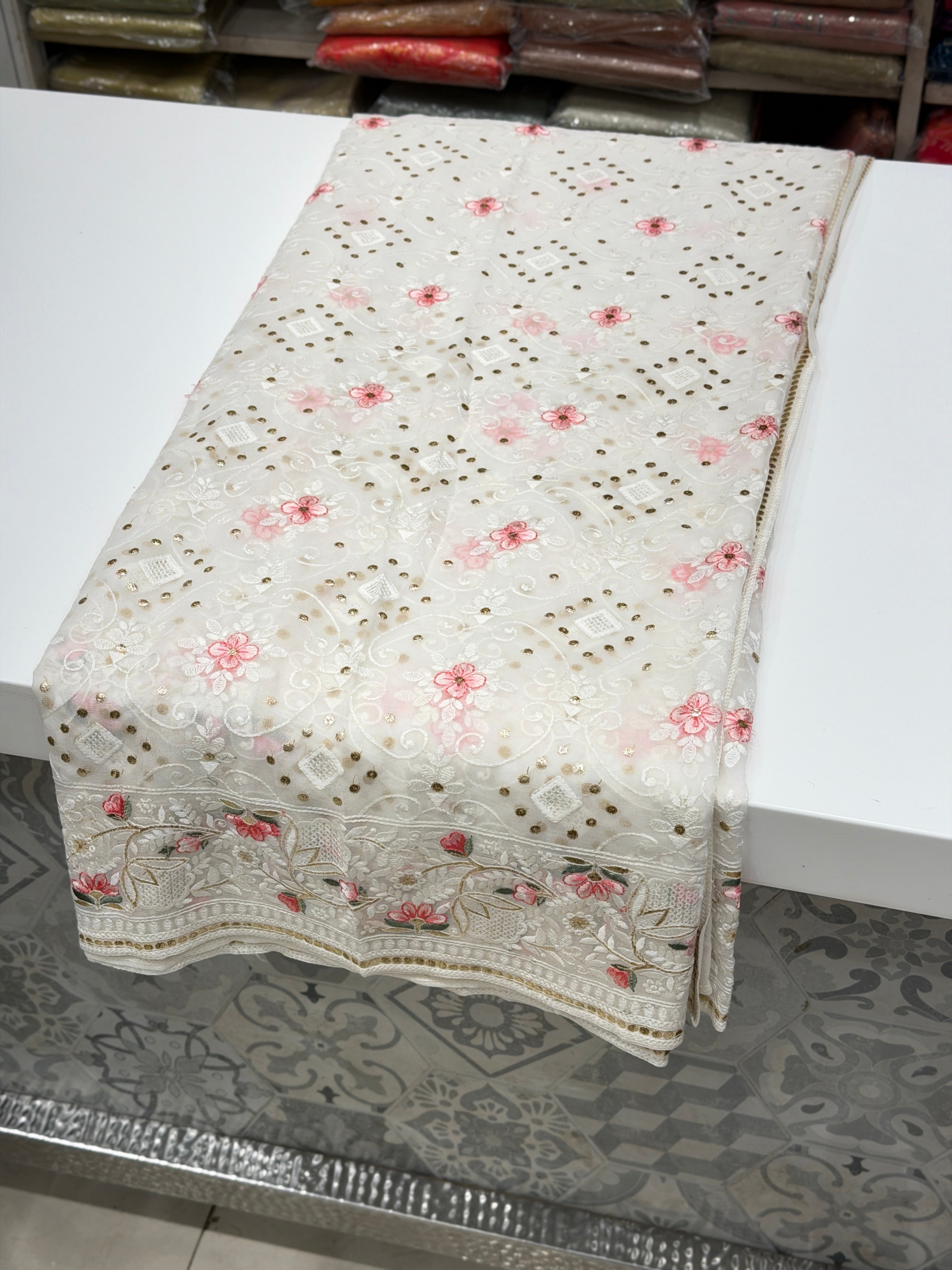 White Chikankari Meena Resham Mukaish Pita Georgette Saree