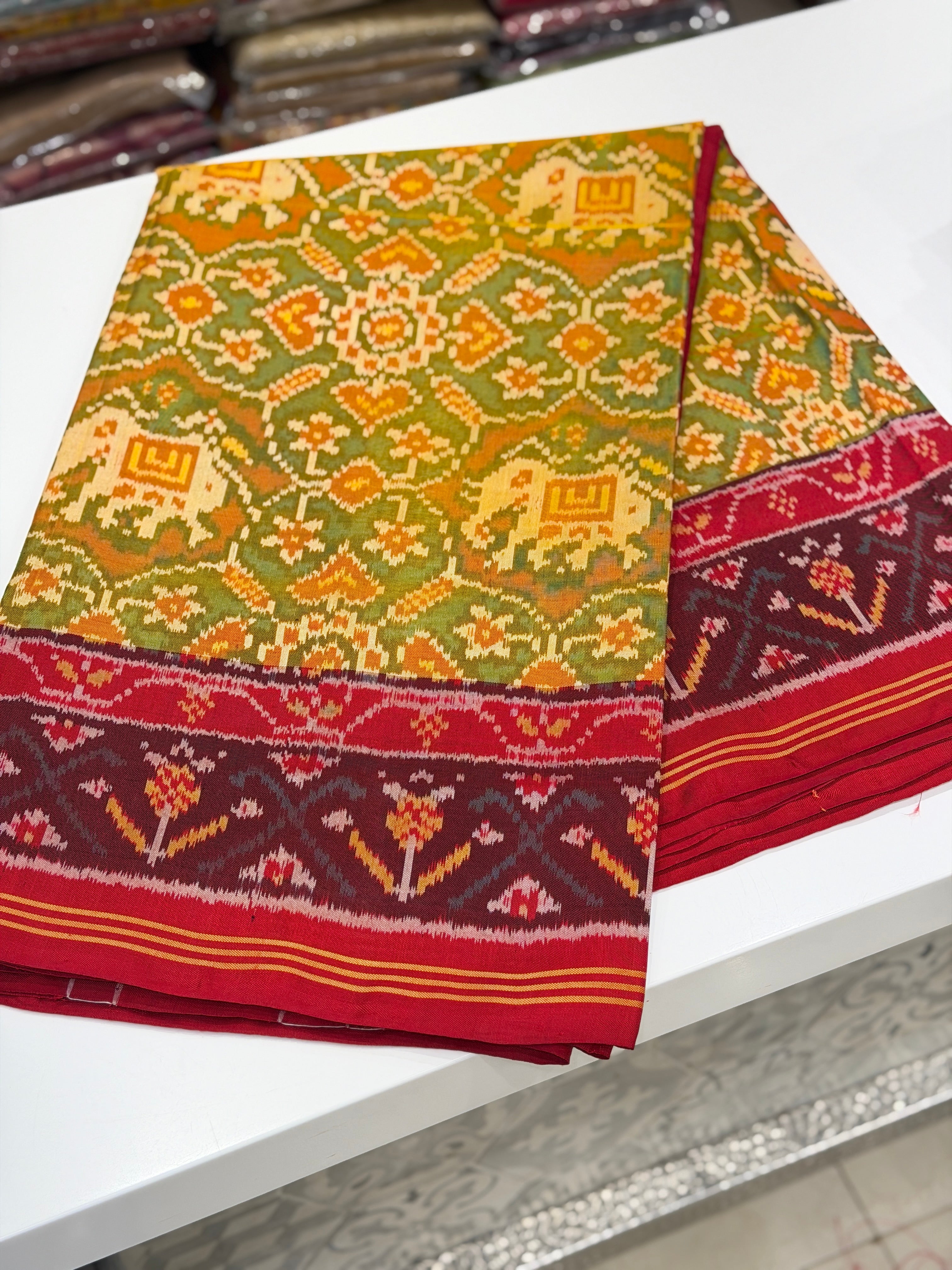 Yellow Red Navratna With Elephant Motifs Patan Patola Handloom Saree