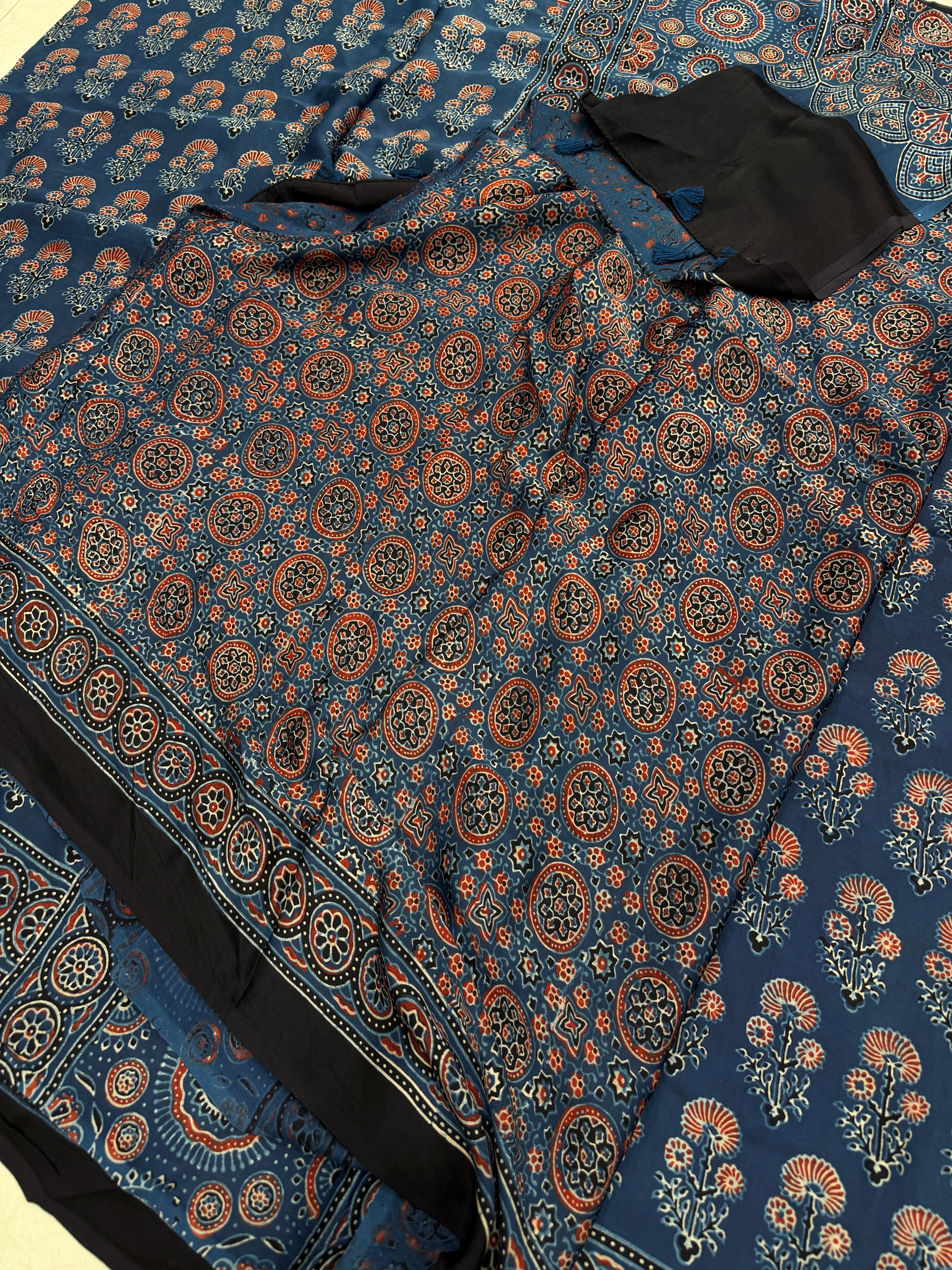 Blue Floral Buttas Ajrakh Hand Block Print Pure Gajji Silk Saree