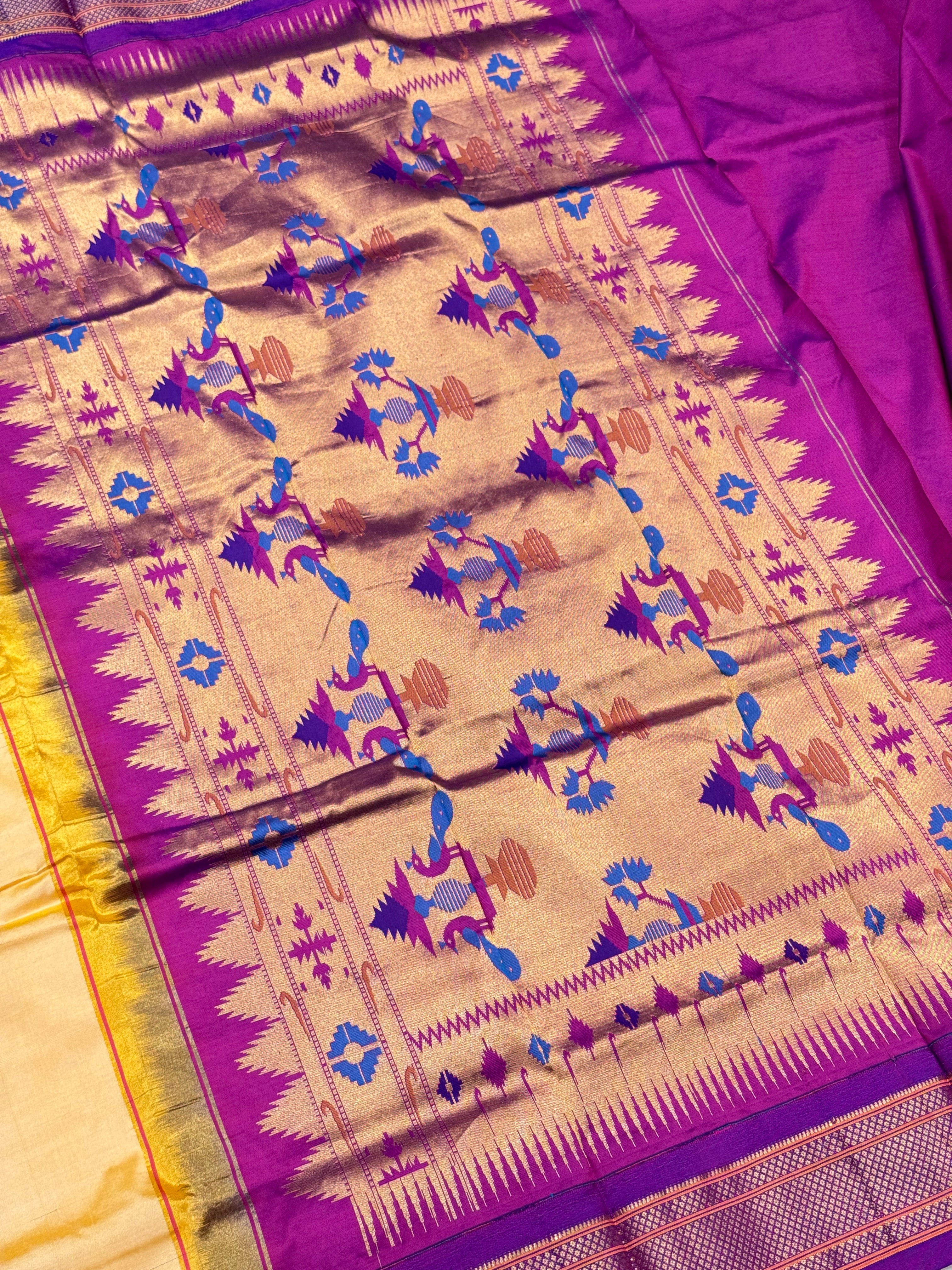 Beige Violet Morbangdi Paithani Pure Silk Saree