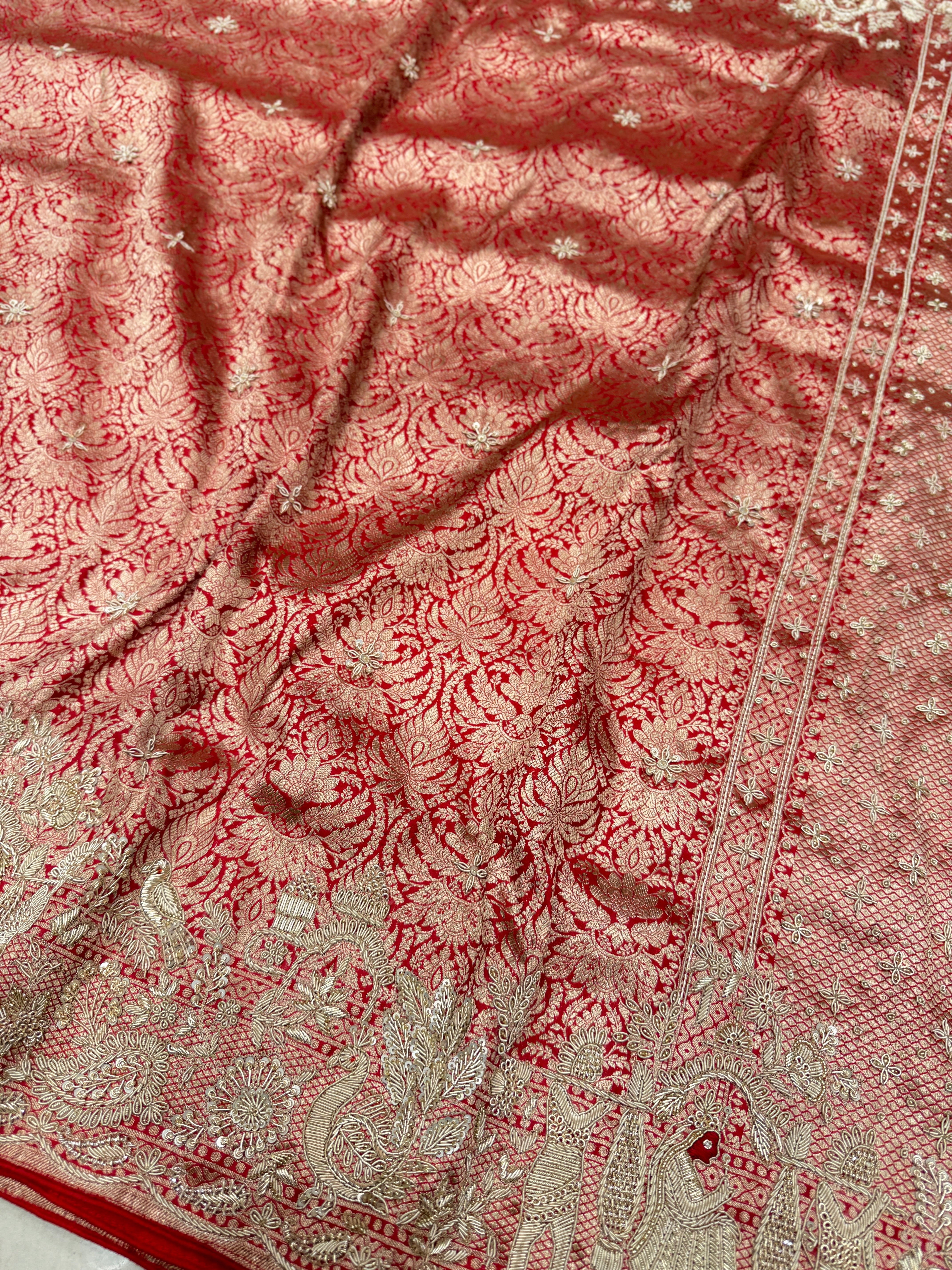 Red Banarasi Katan Doli Edit Zardosi Saree