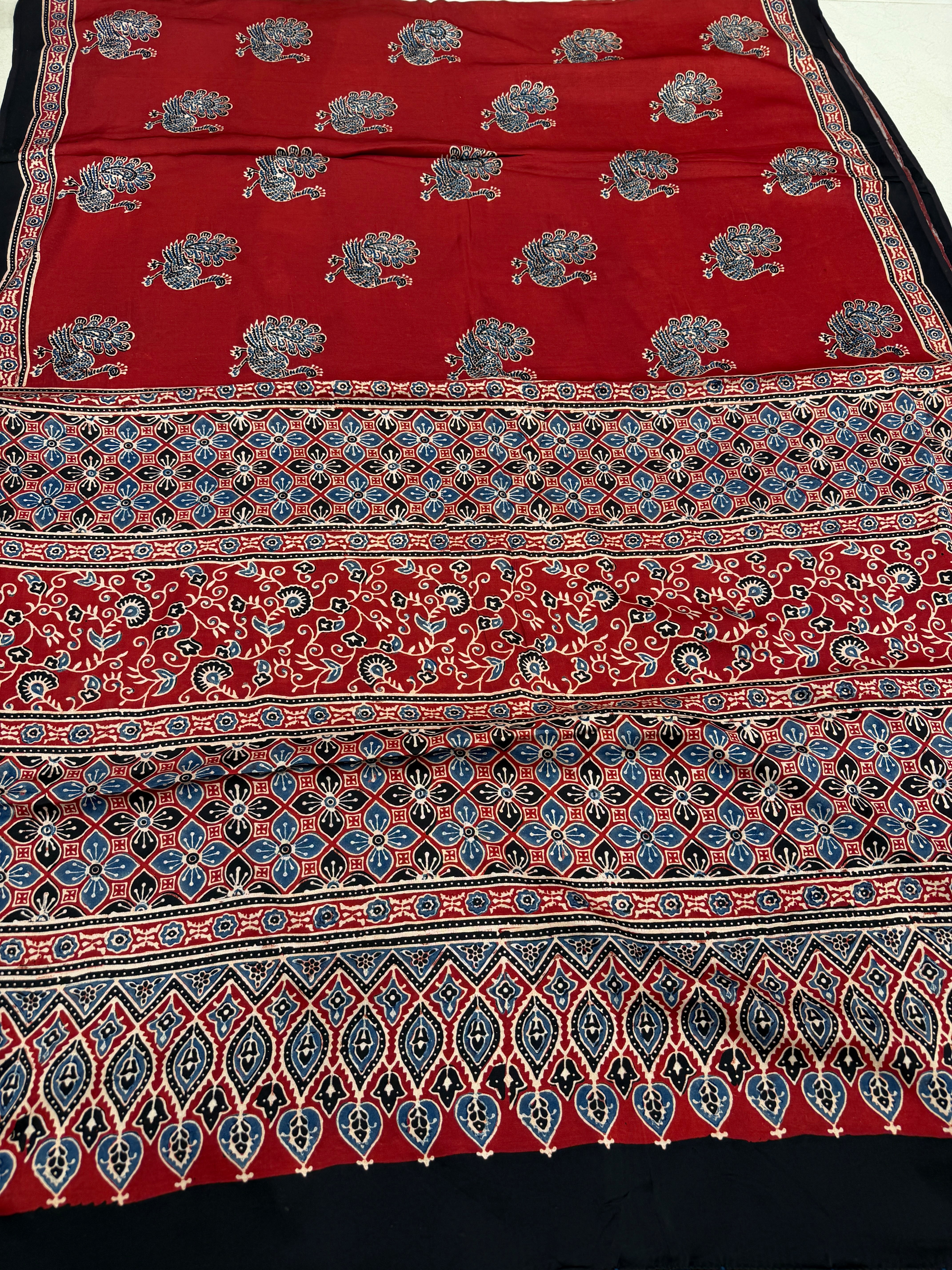 Red Peacock Motif Ajrakh Block Print Hand Pure Gajji Silk Saree