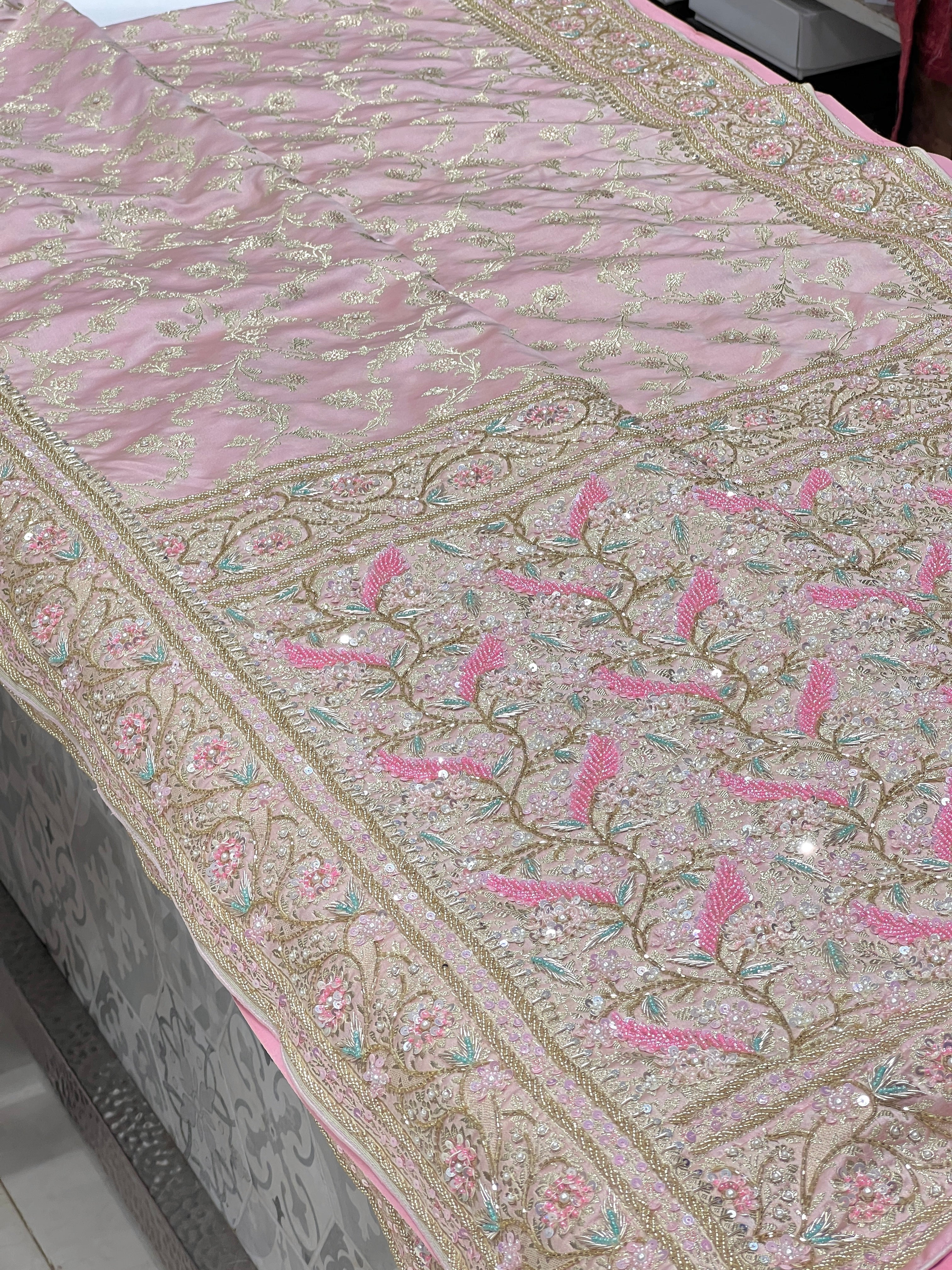 Pink Banarasi Upside Down Border Fancy Hand Embroidery Saree