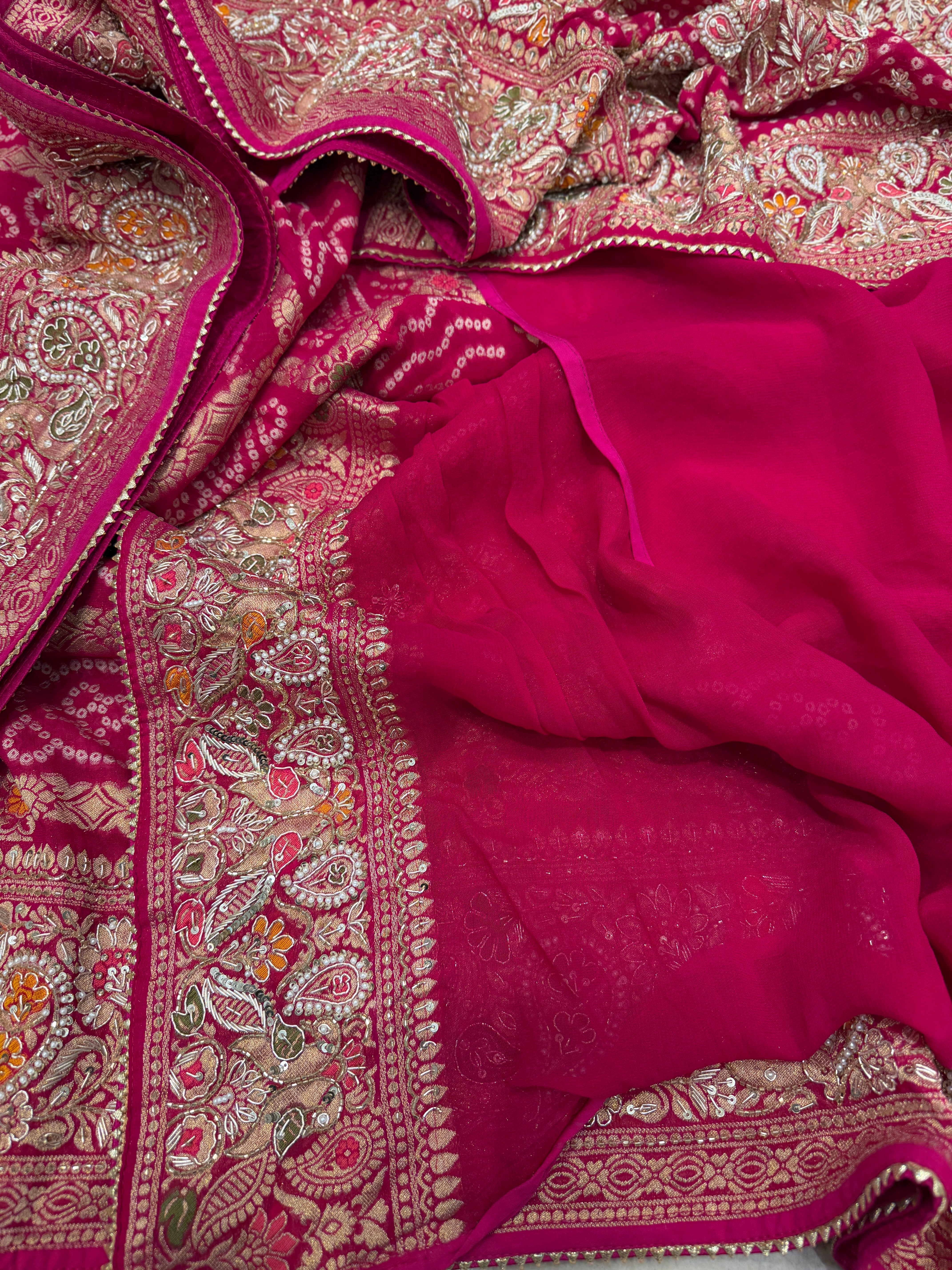 Rani Gharchola Weaved Bandhej Georgette Zardosi Hand Embroidery Saree