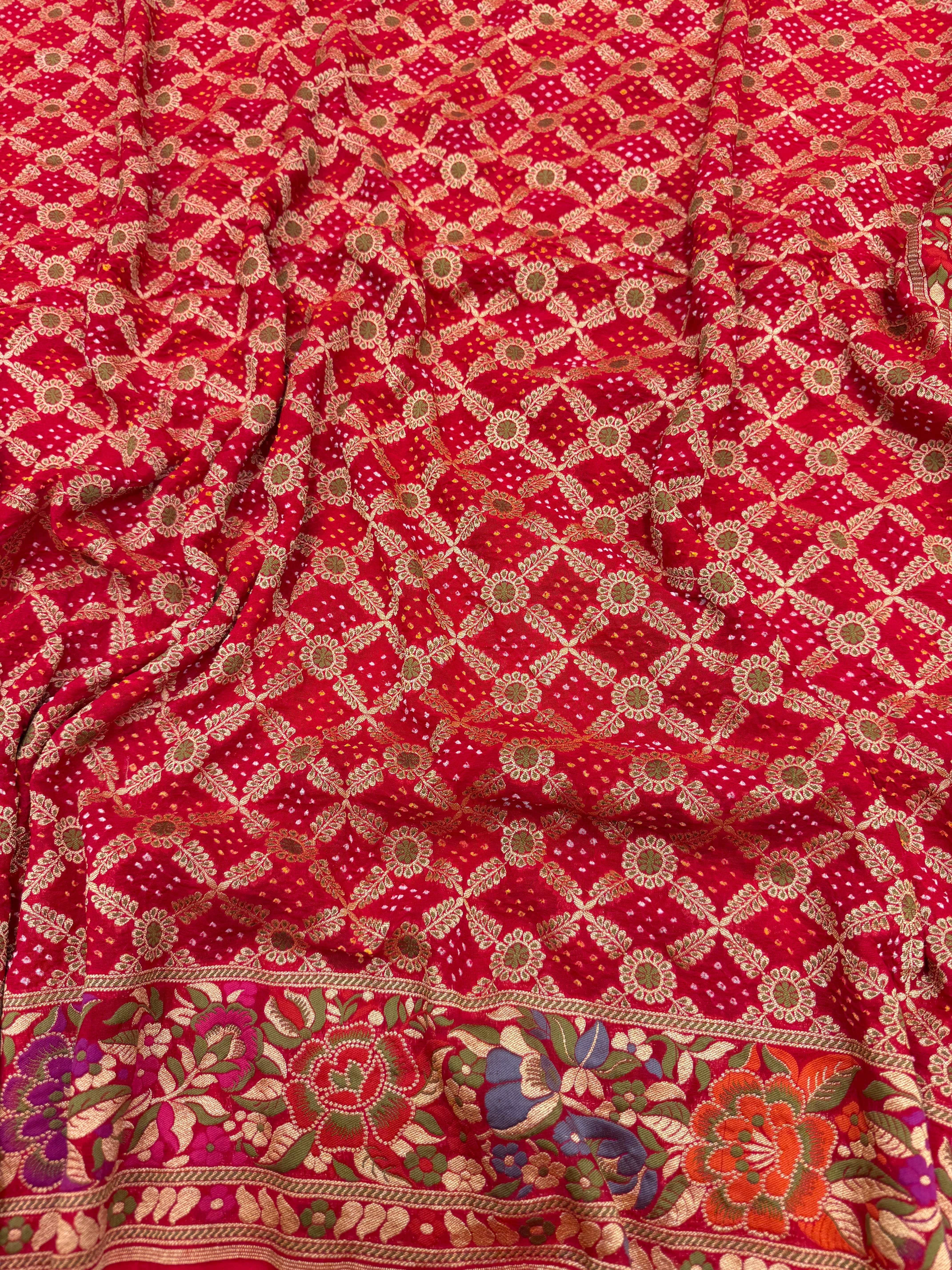 Red Meenakari Floral Rai Bandhej Georgette Bandhini Saree