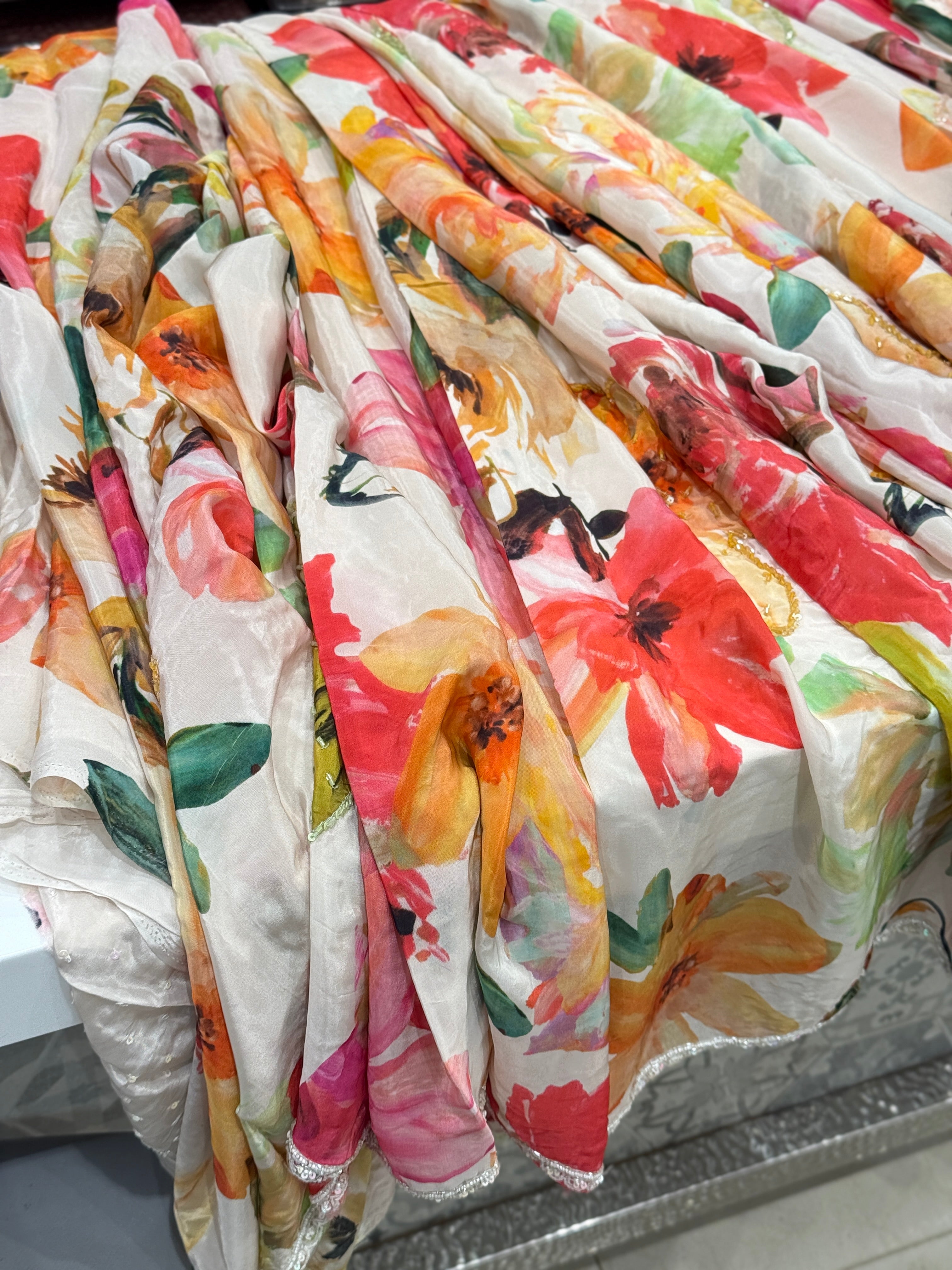 Multi Colour Print Muslin Hand Embroidery Saree