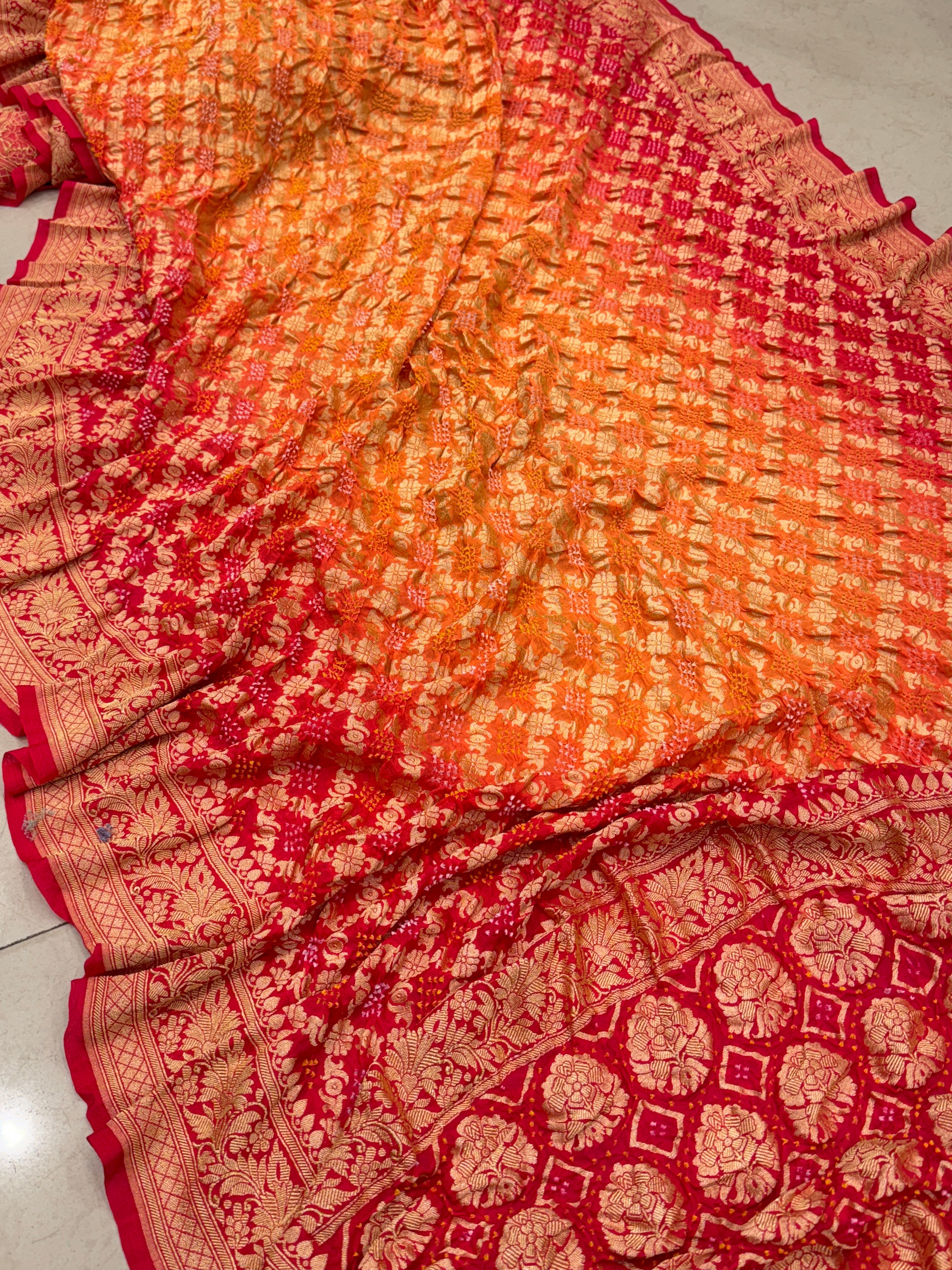 Strawberry Orange Shaded Floral Border Bandhej Bandhini Saree