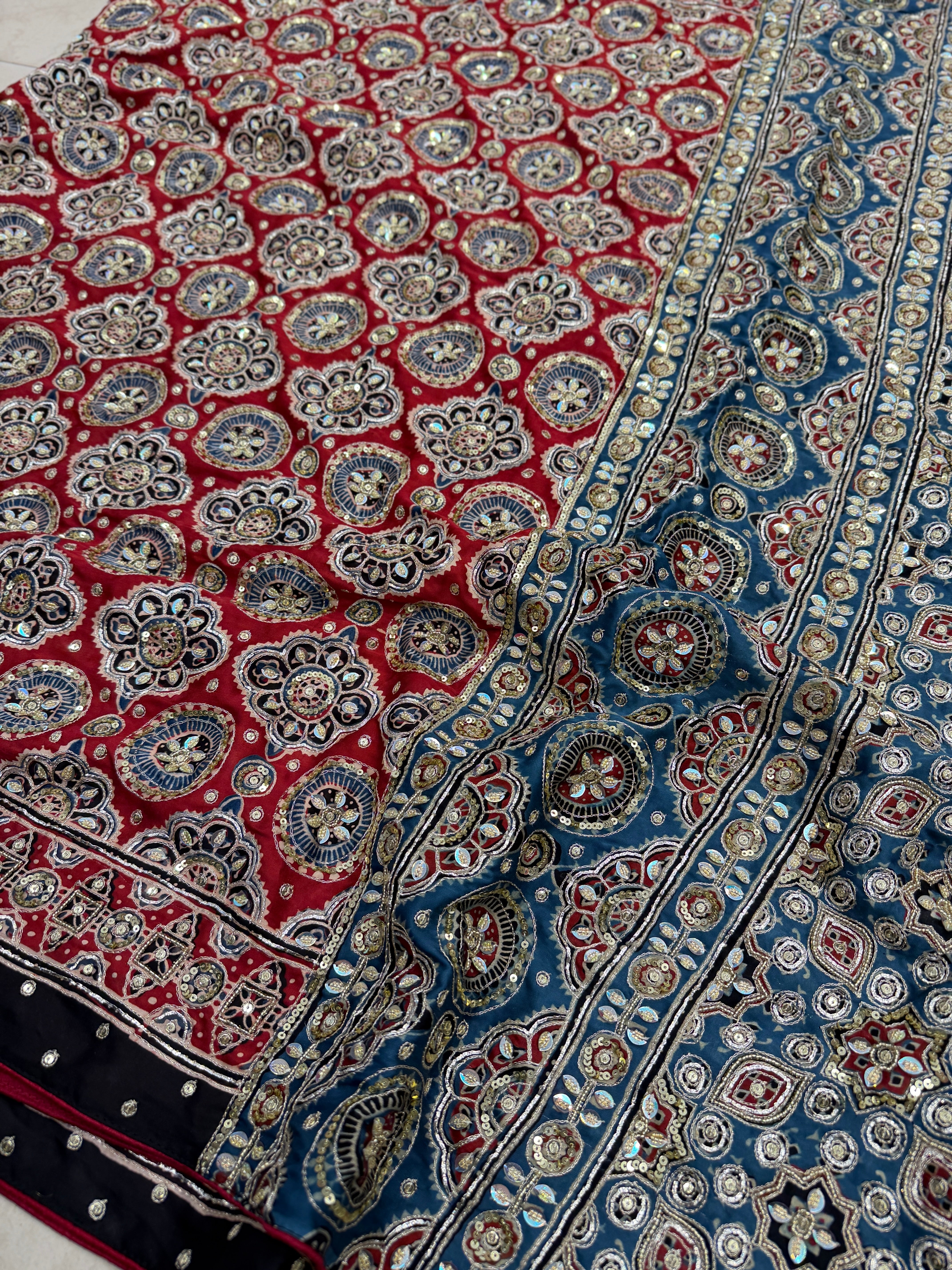 Red Blue Jaal Pita Sequin Ajrakh Hand Embroidery Saree