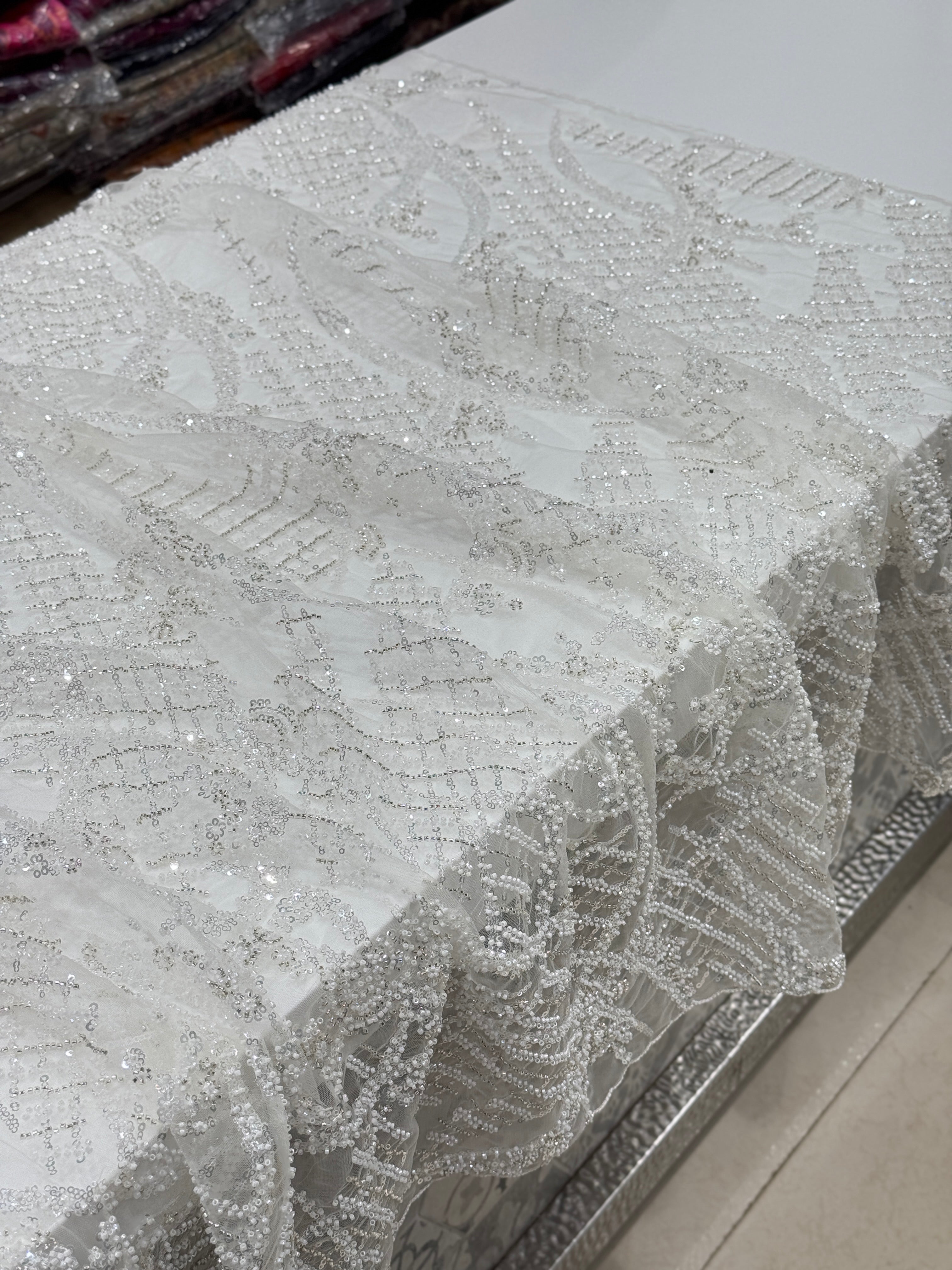 White Net Embroidery Moti Cutdana Soft Saree
