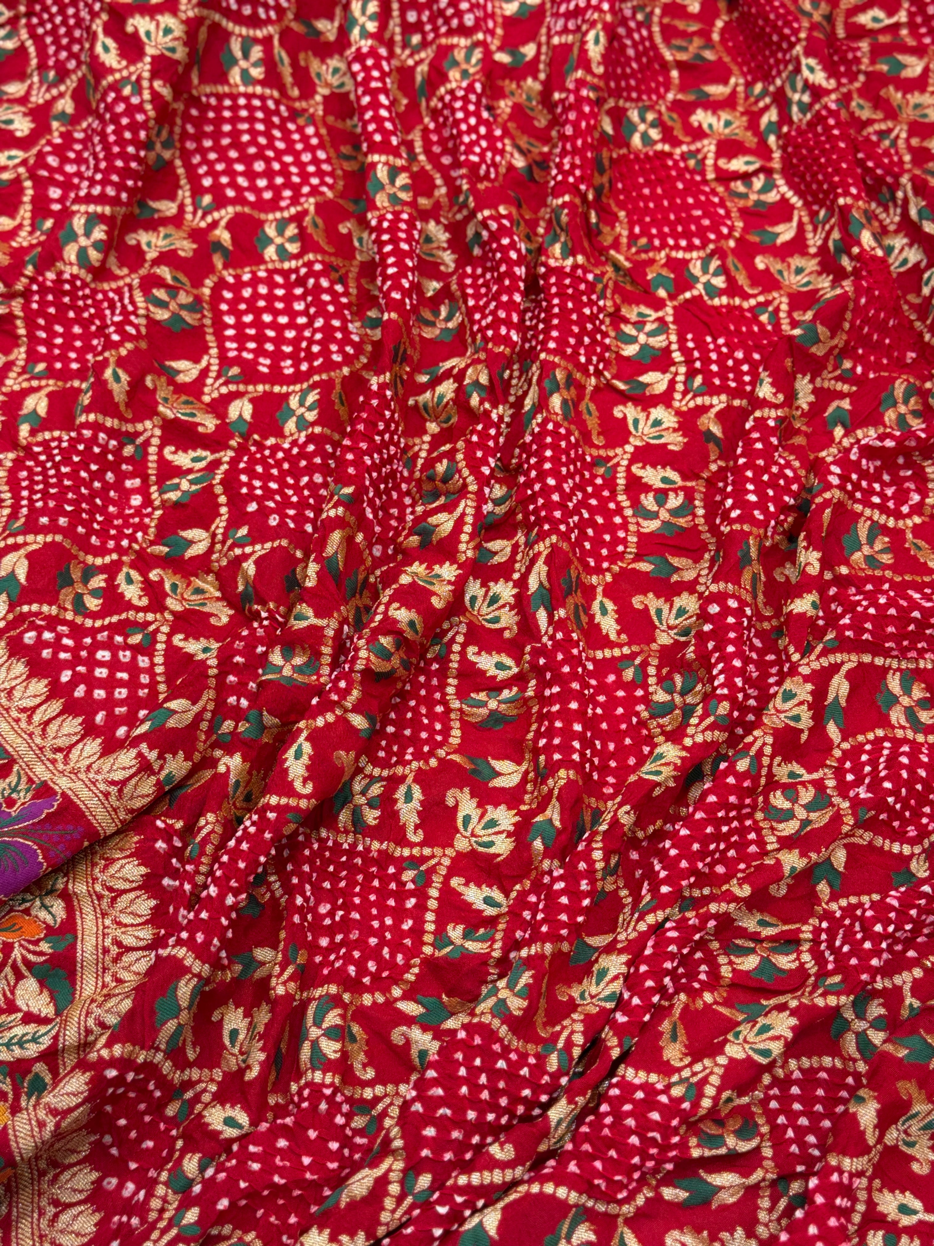 Red Meenakari Rai Bandhej Floral Border Saree