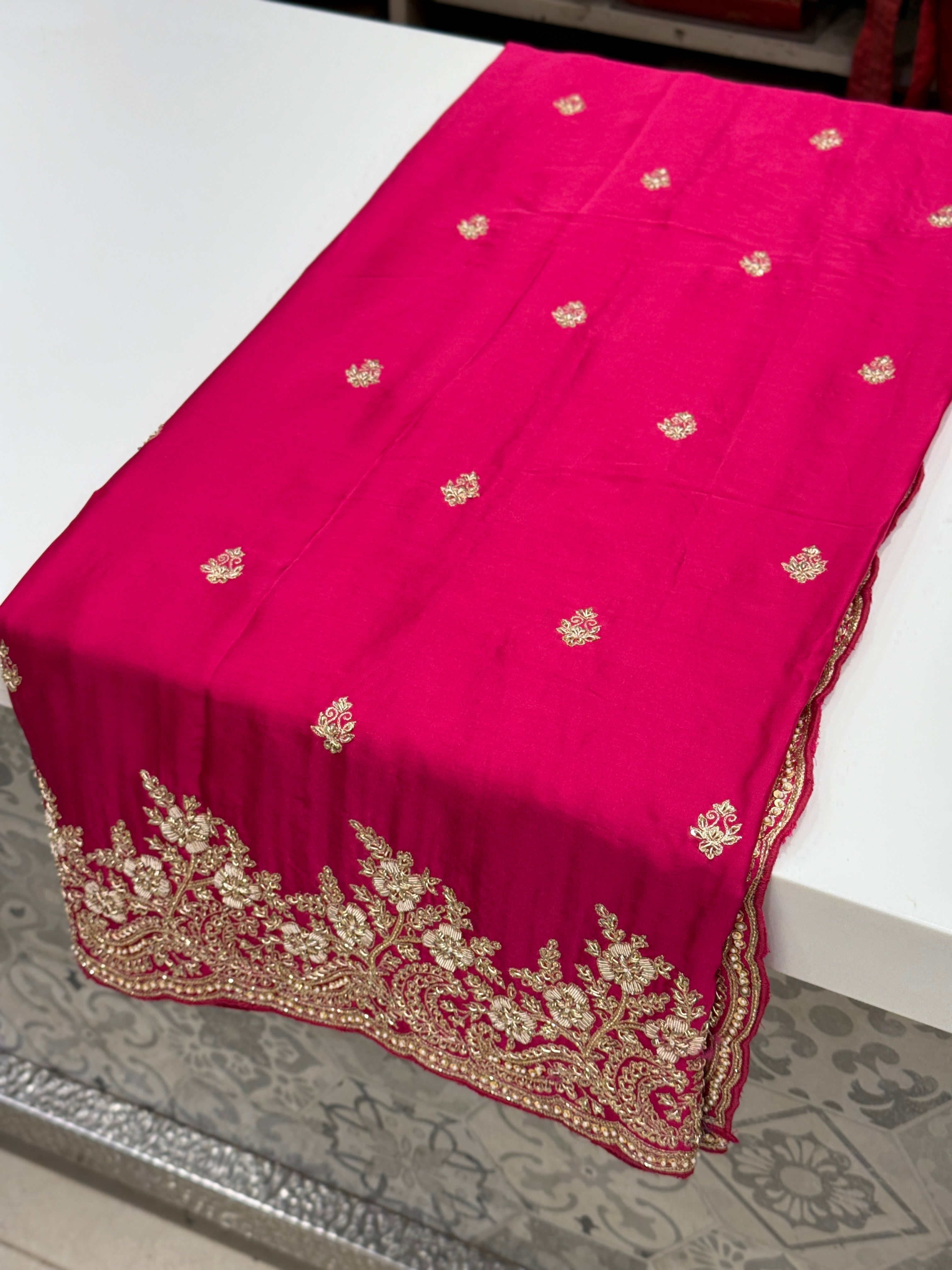 Rani Pink Buttis Satin Hand Embroidery Zardosi Saree