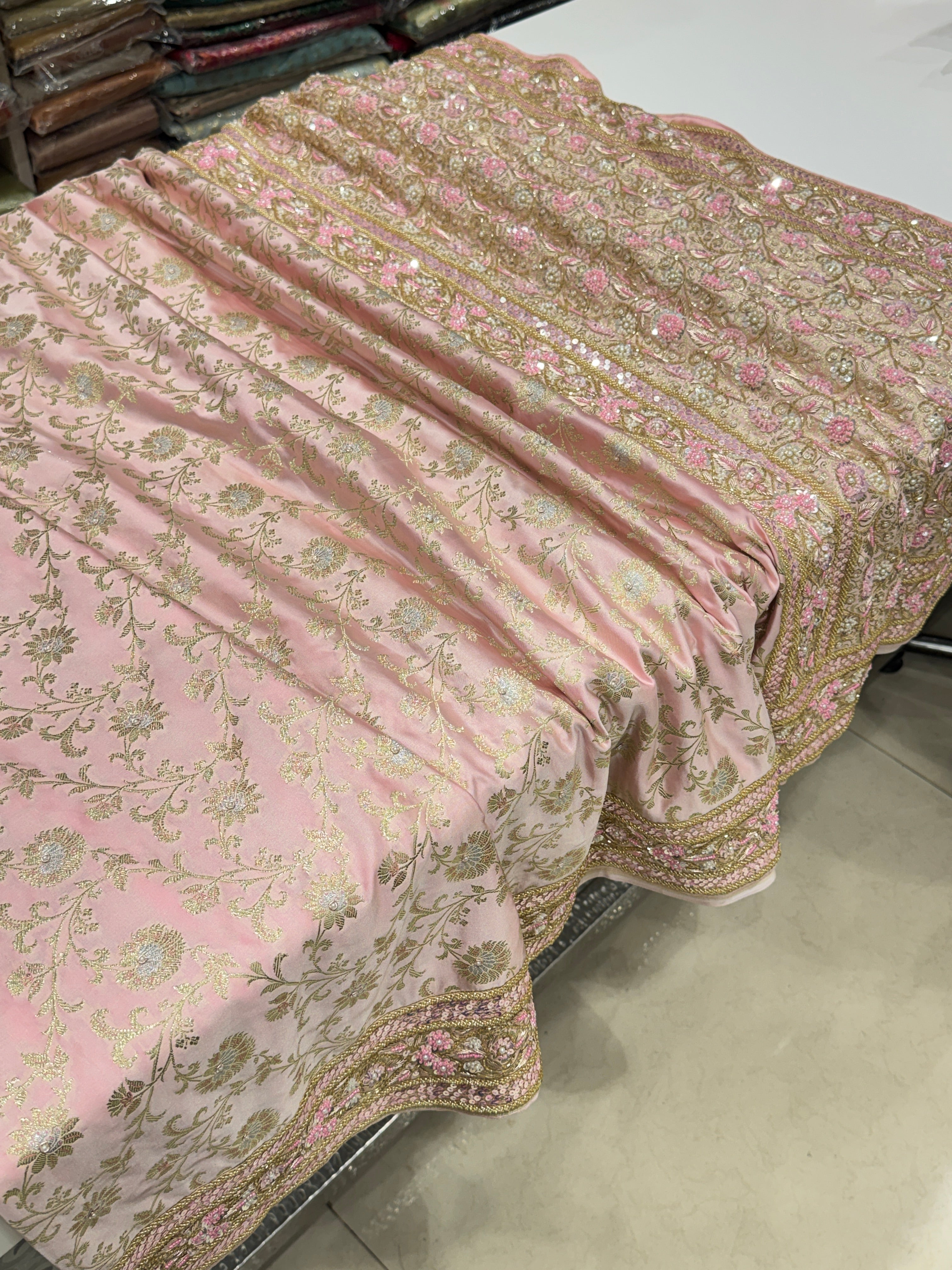 Light Pink Banarasi Small Jaal Zardosi Fancy Moti Hand Embroidery Saree