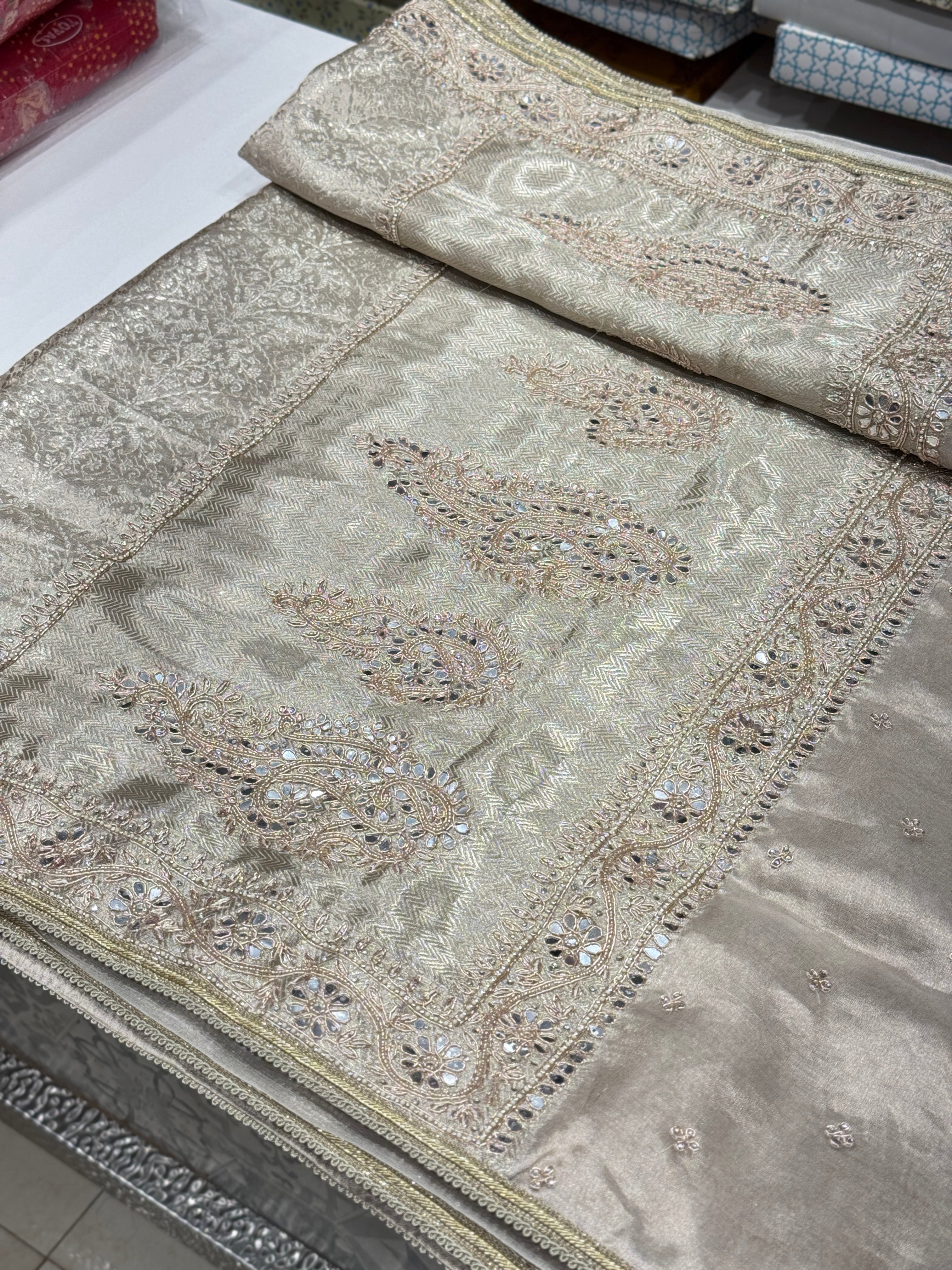 Silver Tissue Kanjivaram Hand Embroidery Saree