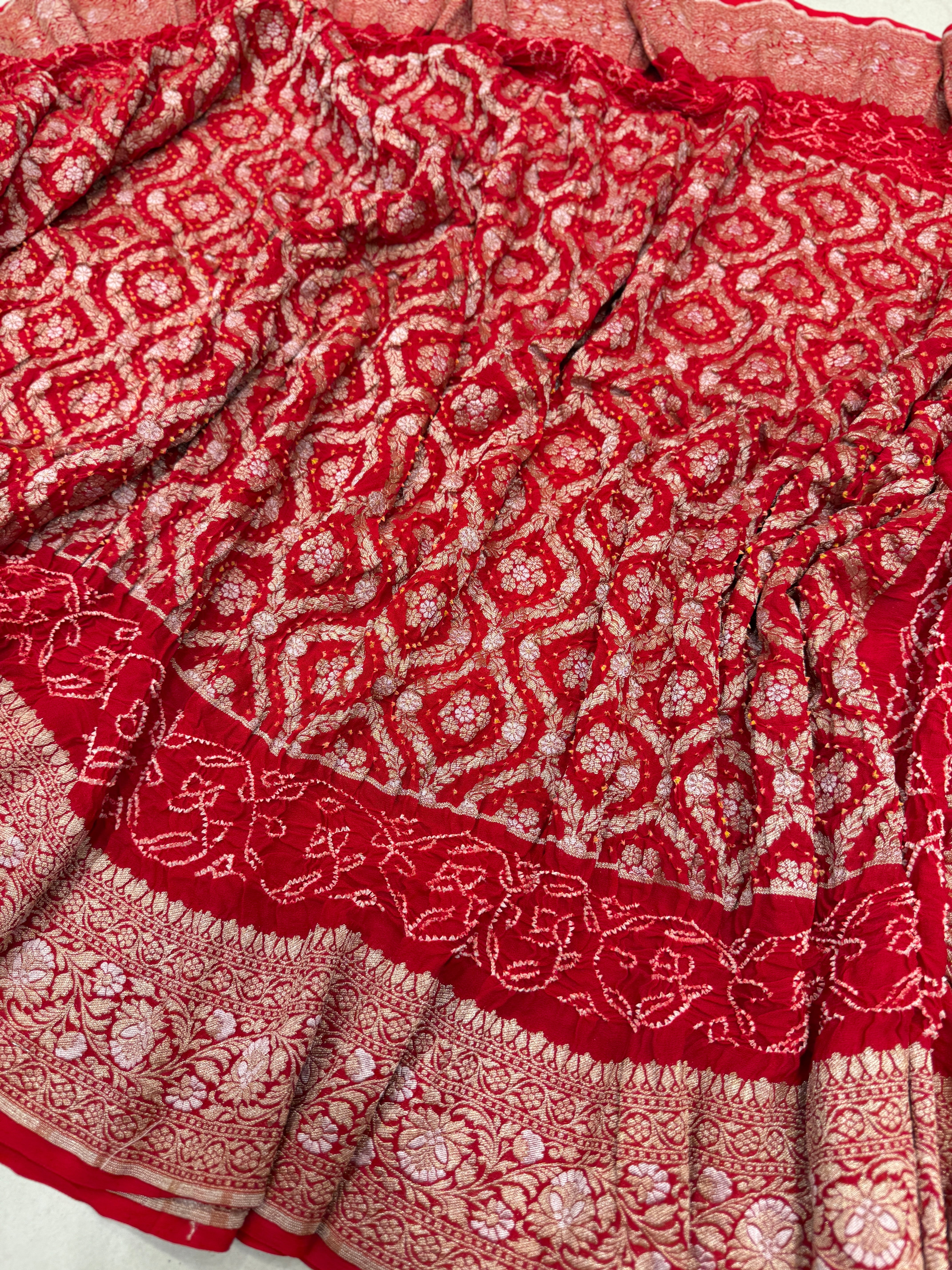 Red Sona Roopa Double Border Rai Bandhej Georgette Bandhini Saree