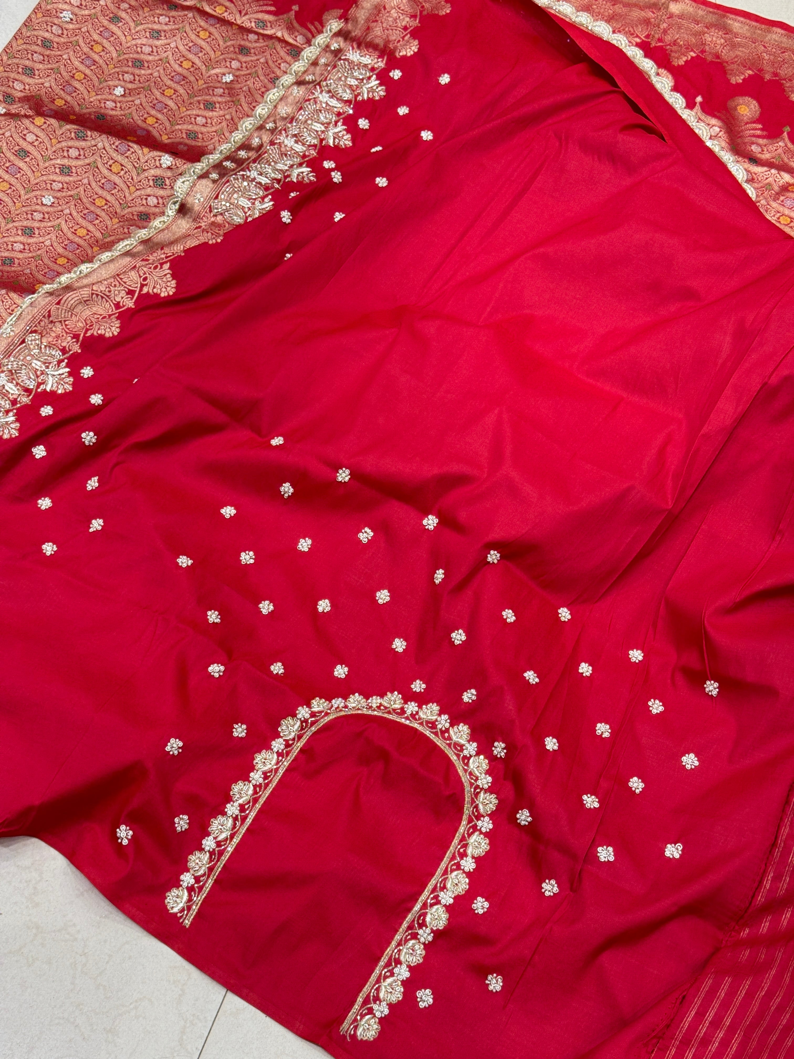 Red Banarasi Contemporary Zardosi Hand Embroidery Saree