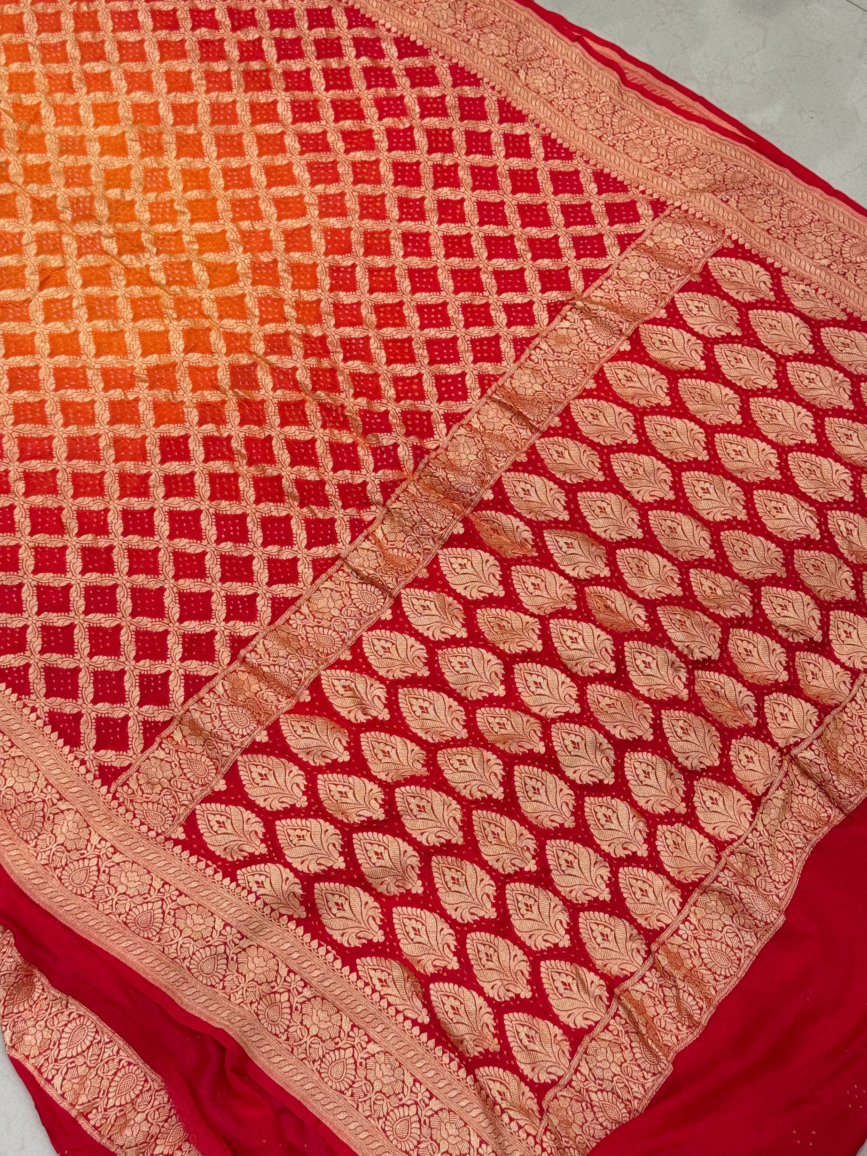 Orange Red Shaded Georgette Handloom Bandhej Bandhini Saree