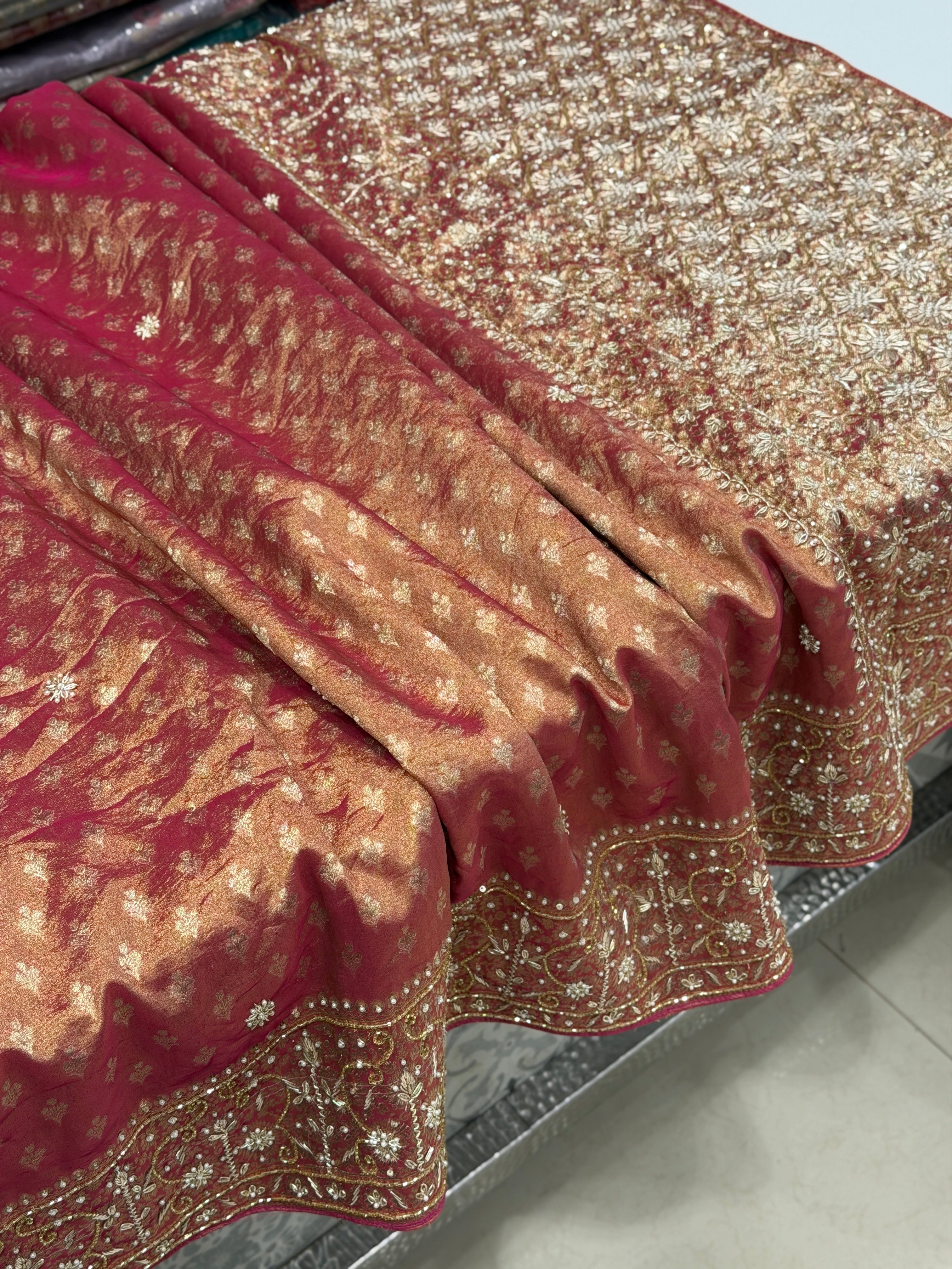 Red Tissue Banarasi Buttis Zardosi Embroidery Saree
