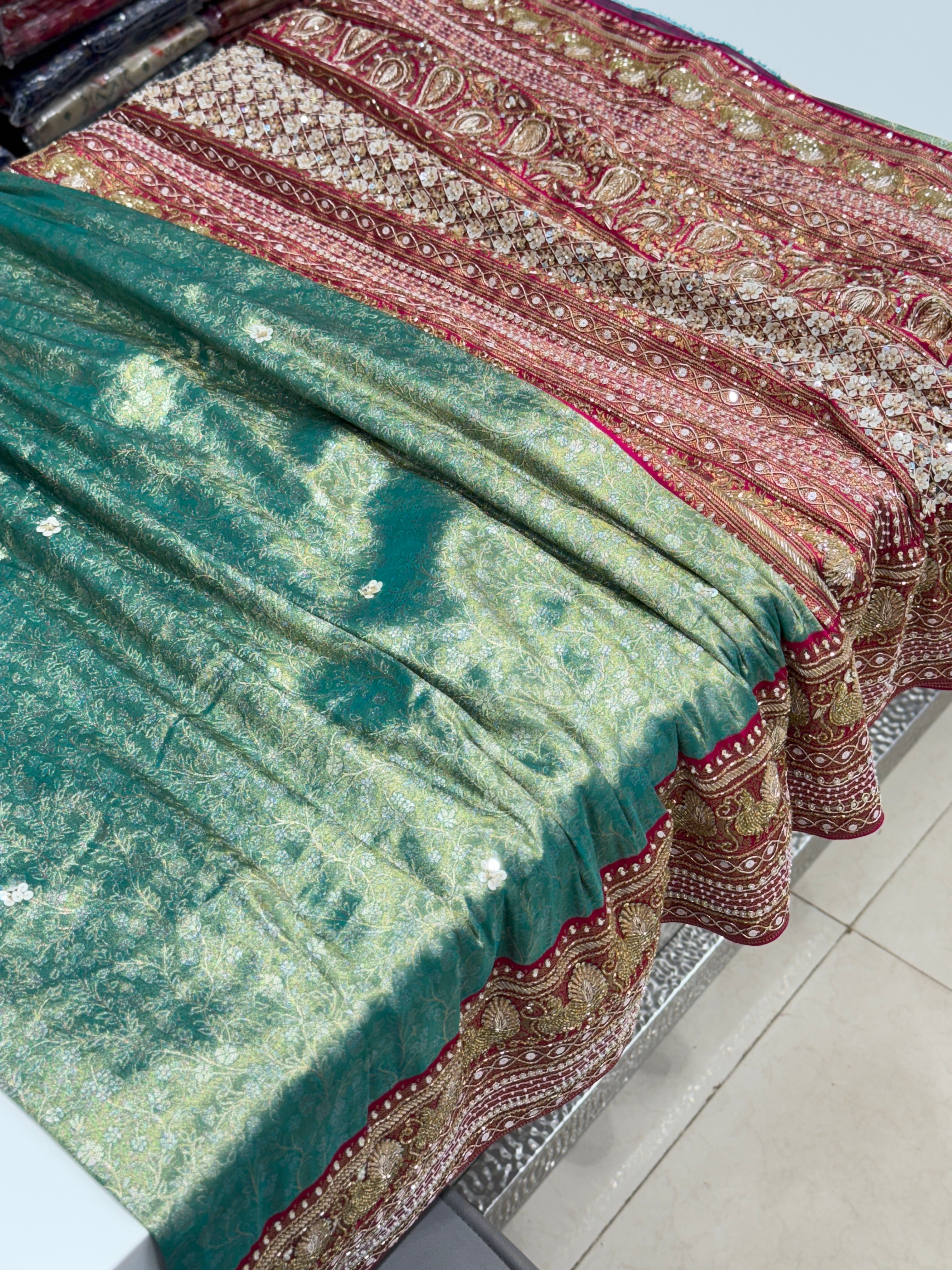 Green Rani Tissue Kanjivaram Hand Embroidery Saree