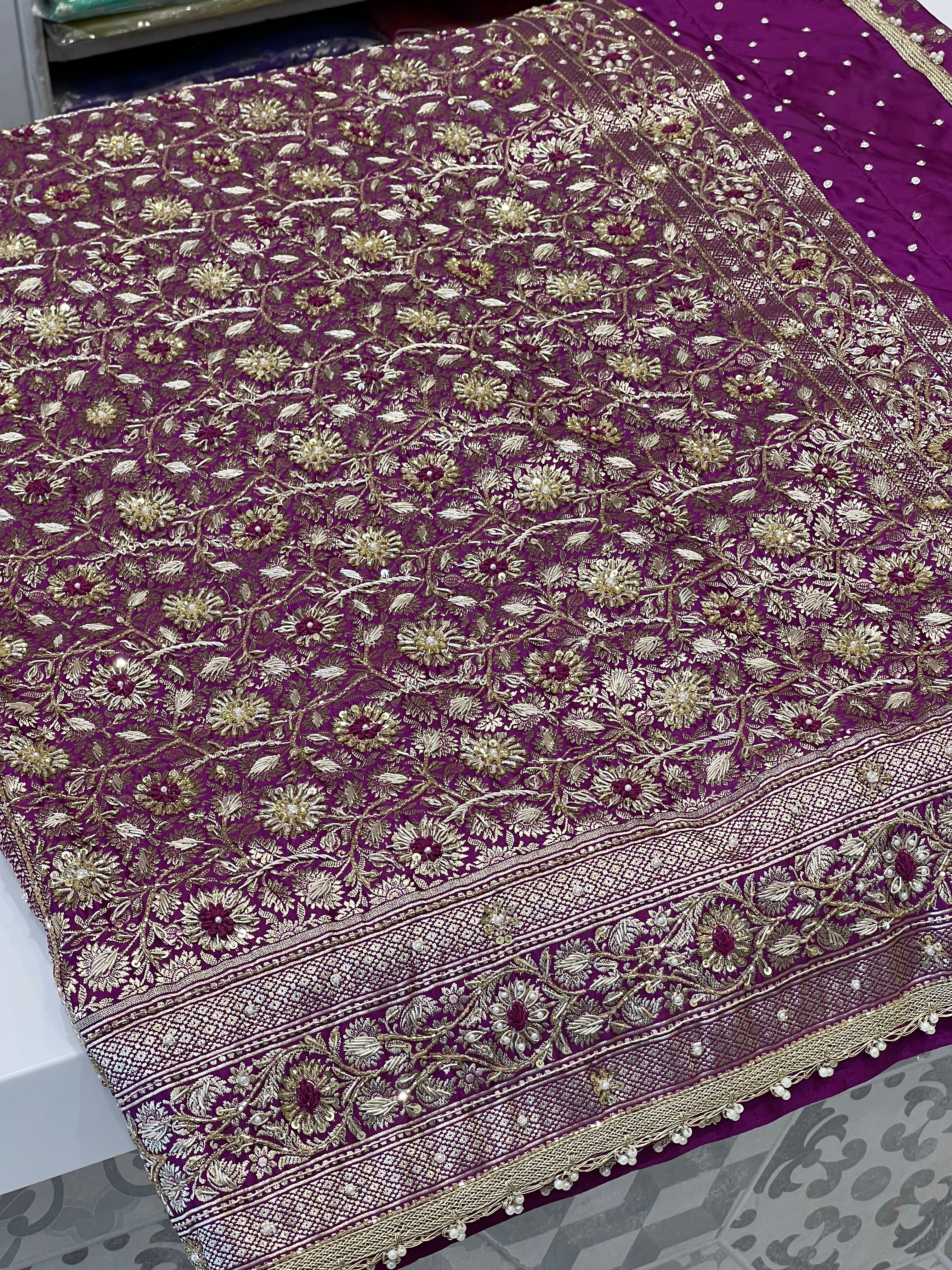Violet Banarasi Jaal Resham Hand Embroidery Saree