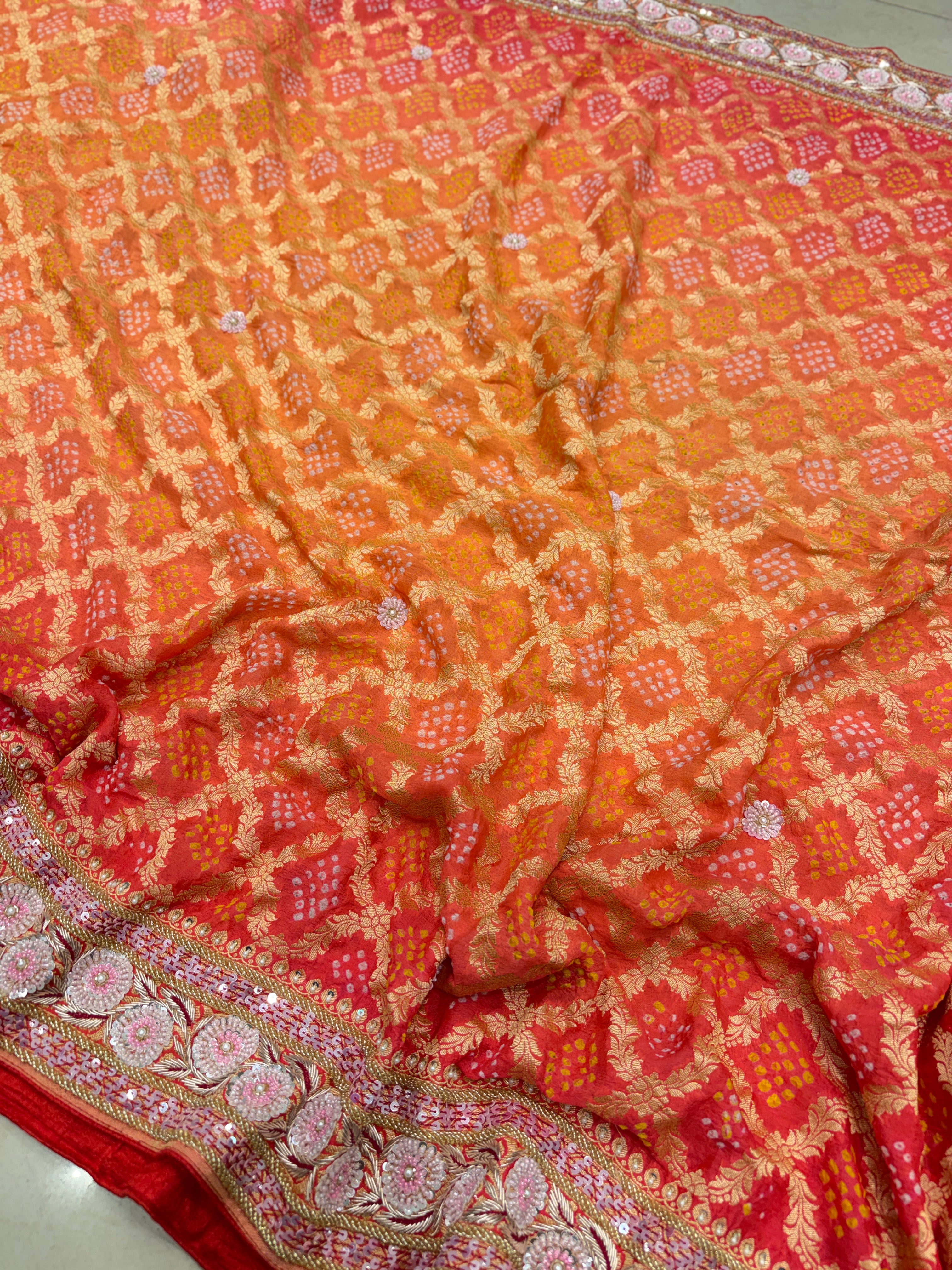 Shaded Peach Orange Bandhej Hand Embroidery Saree