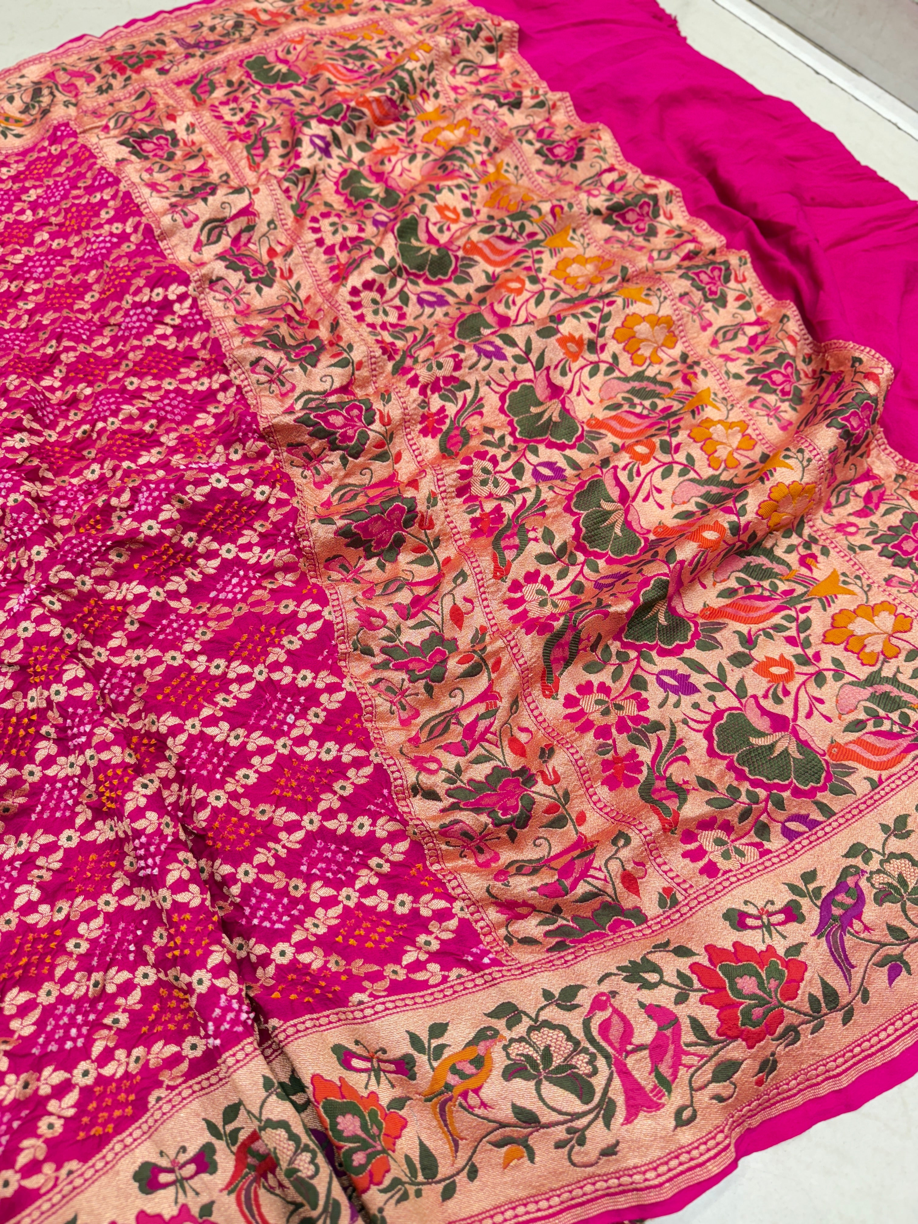 Rani Pink Paithani Style Meenakari Rai Bandhej Georgette Bandhini Saree