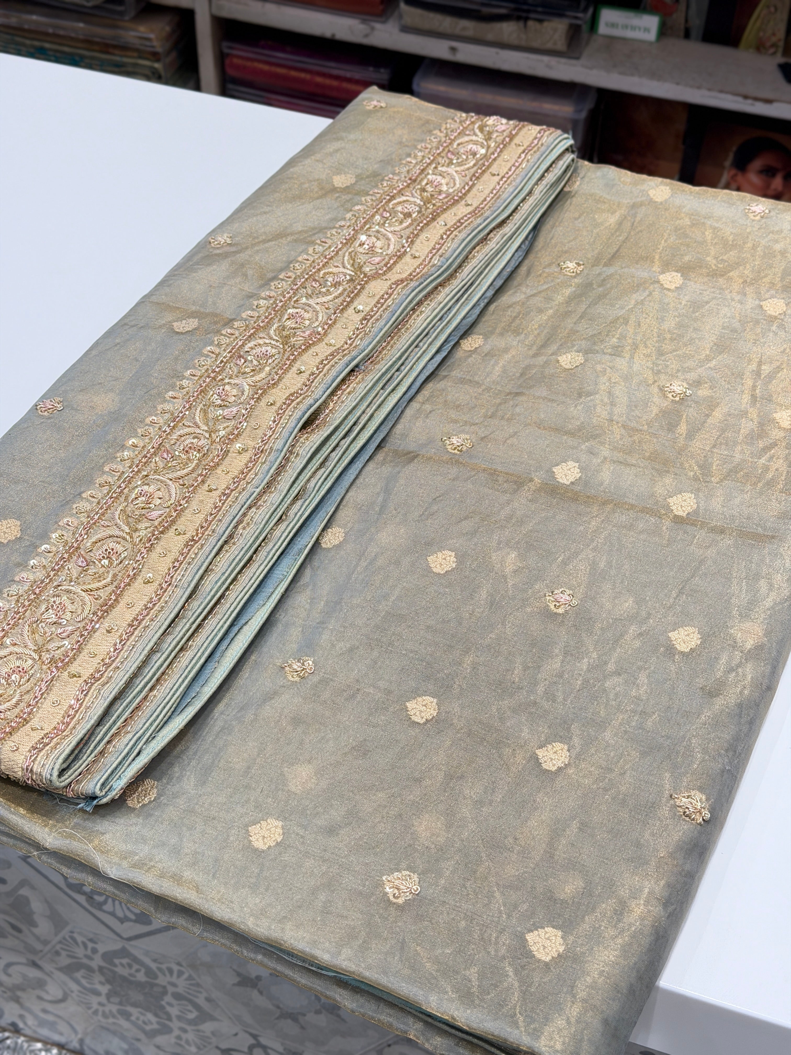 Space Blue Banarasi Tissue Handloom Kadwa Weave Zardosi Embroidery Saree