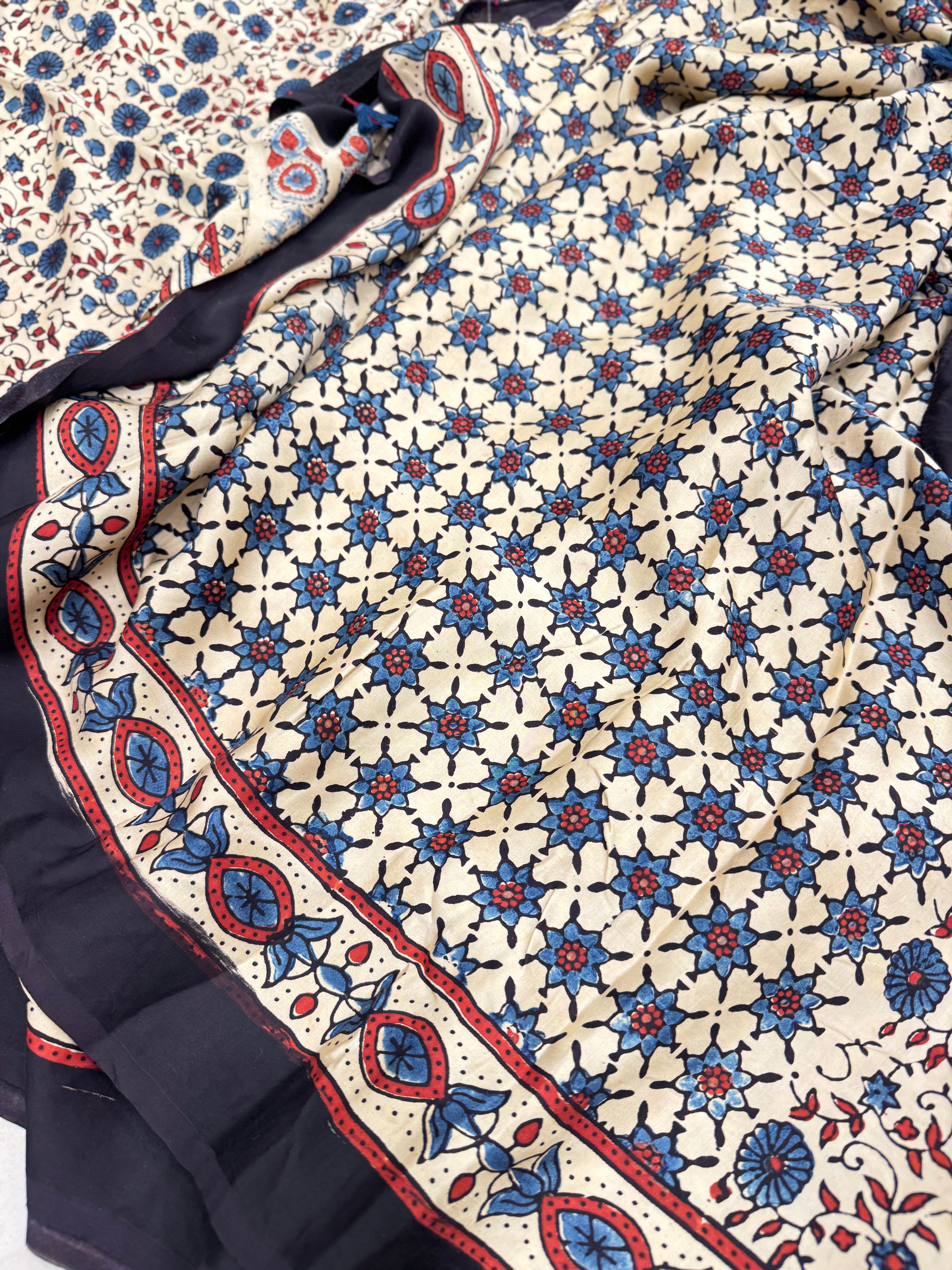 White Floral Jaal Hand Block Print Ajrkah Pure Gajji Silk Saree