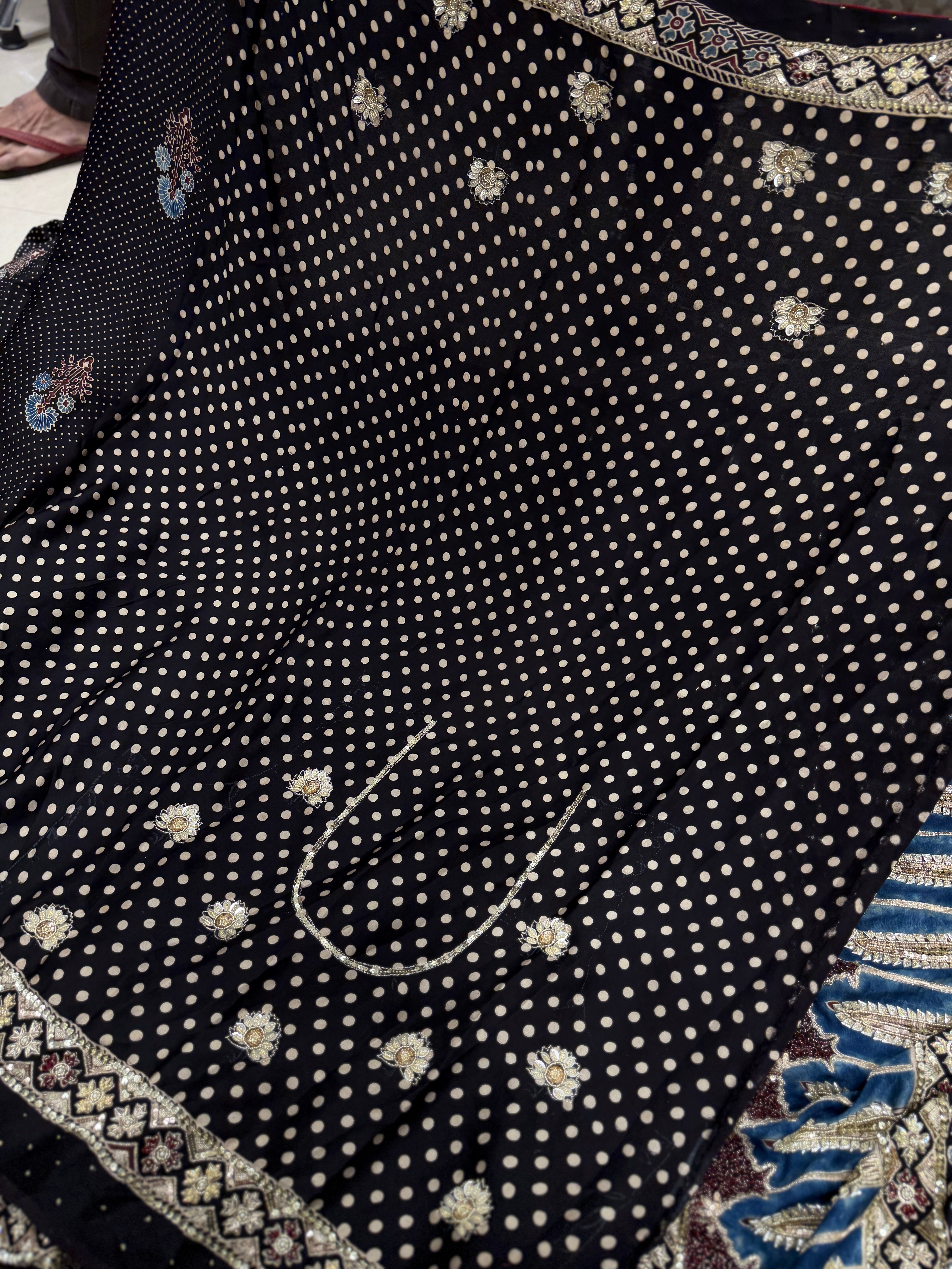 Black Buttas Pita Zardosi Sequin Ajrakh Hand Embroidery Saree