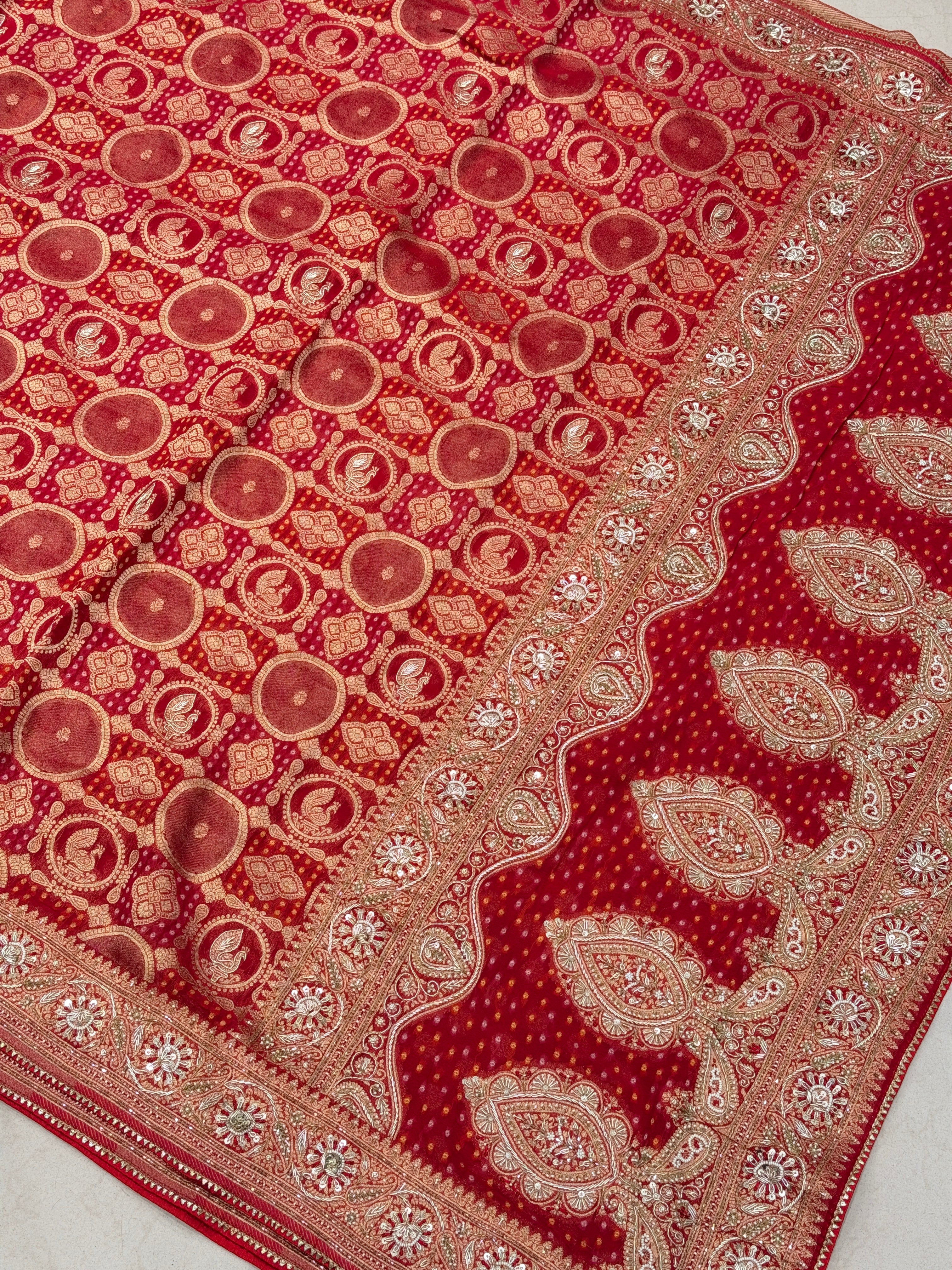 Red Woven Bandhej Zardodi Hand Embroidery Saree