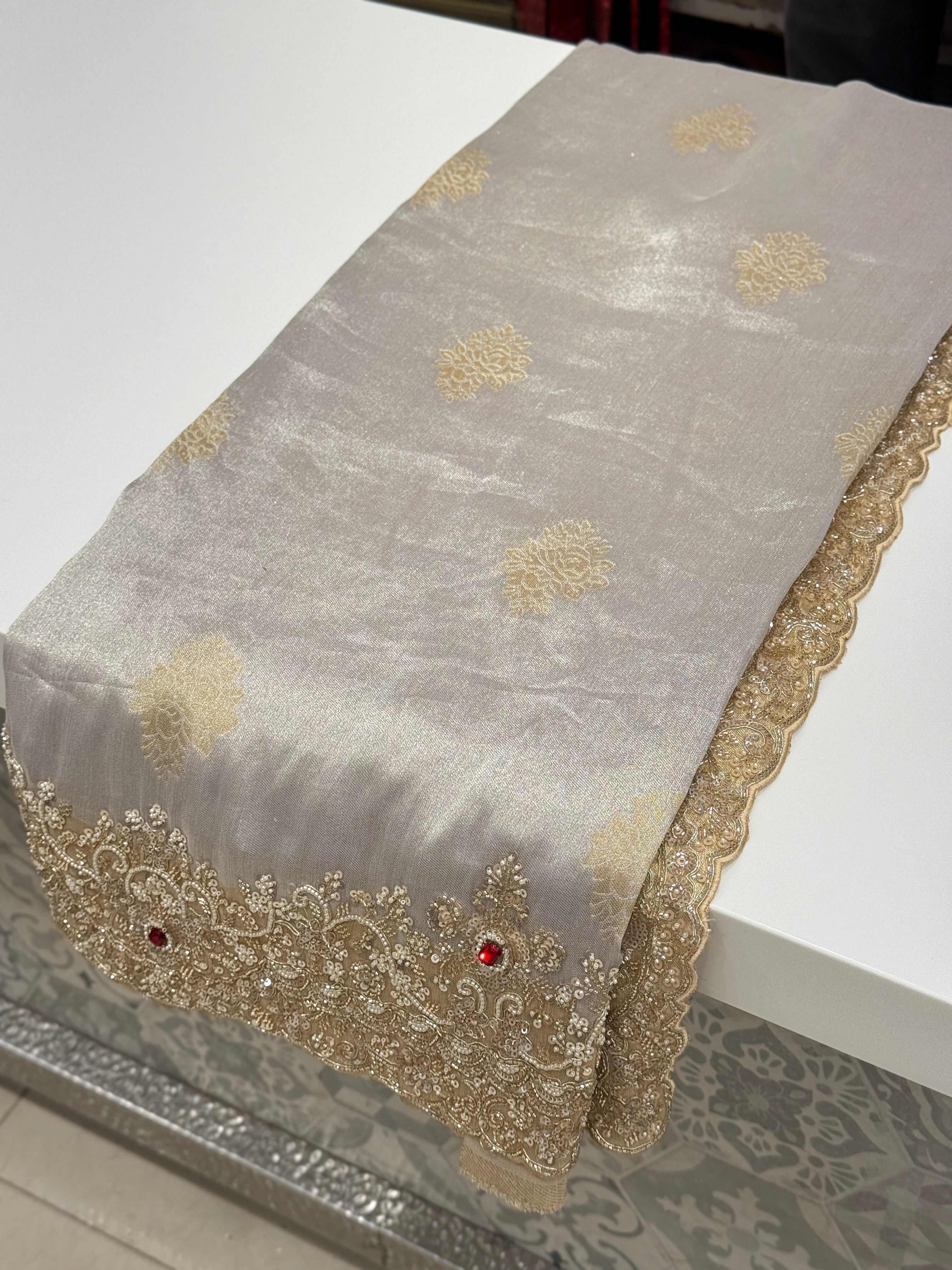 Silver Golden Tissue Moti Cutdana Embroidery Saree
