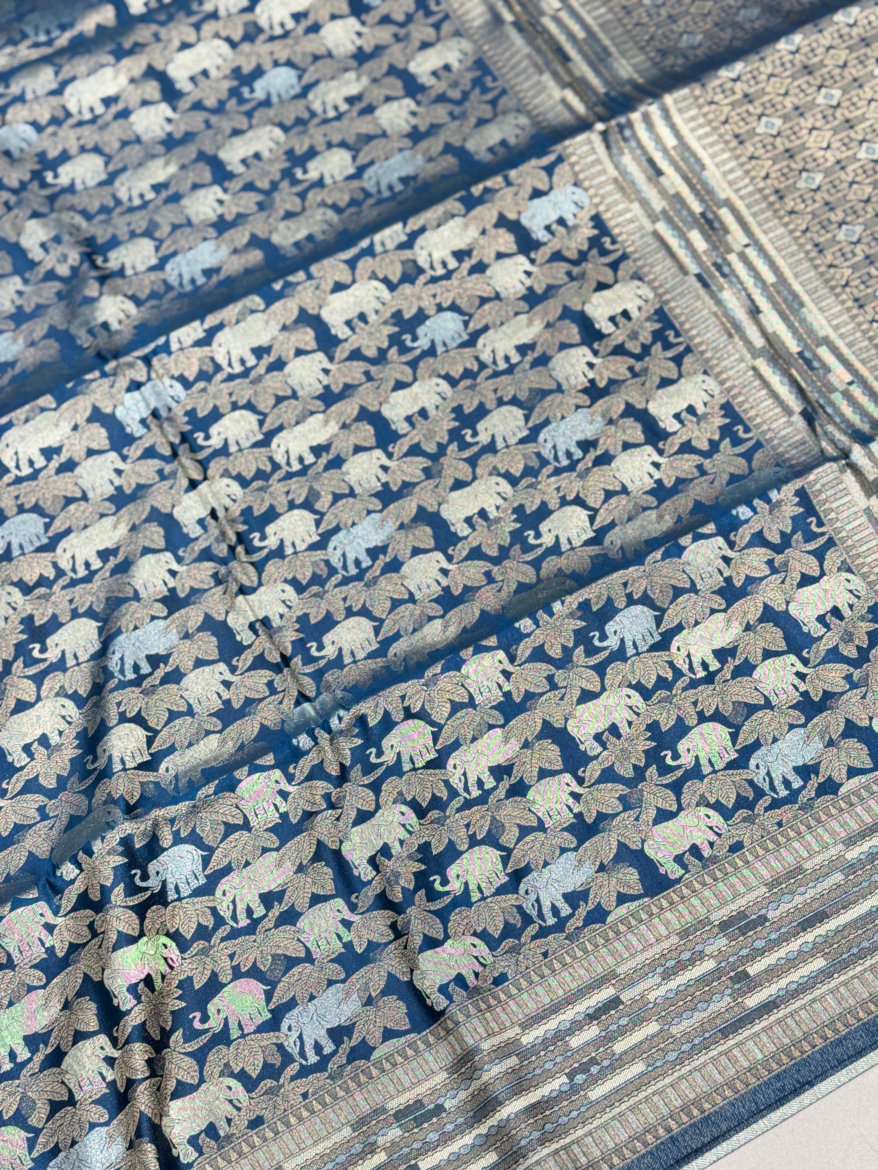 Petrol Blue Banarasi Soft Silk Semi Elephant Motif Saree