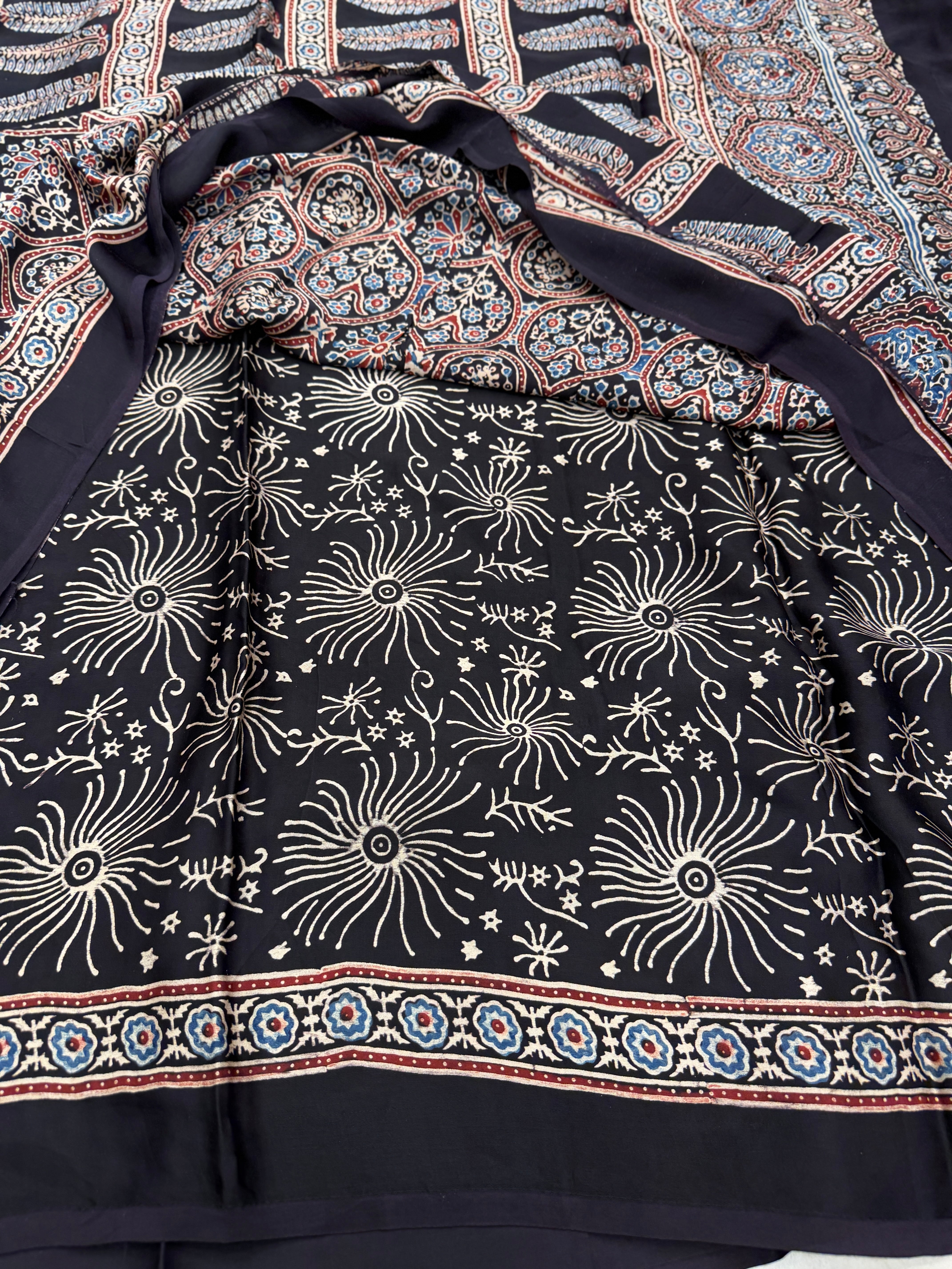 Black Coated Flower Buttis Ajrakh Hand Block Print Pure Modal Silk Saree