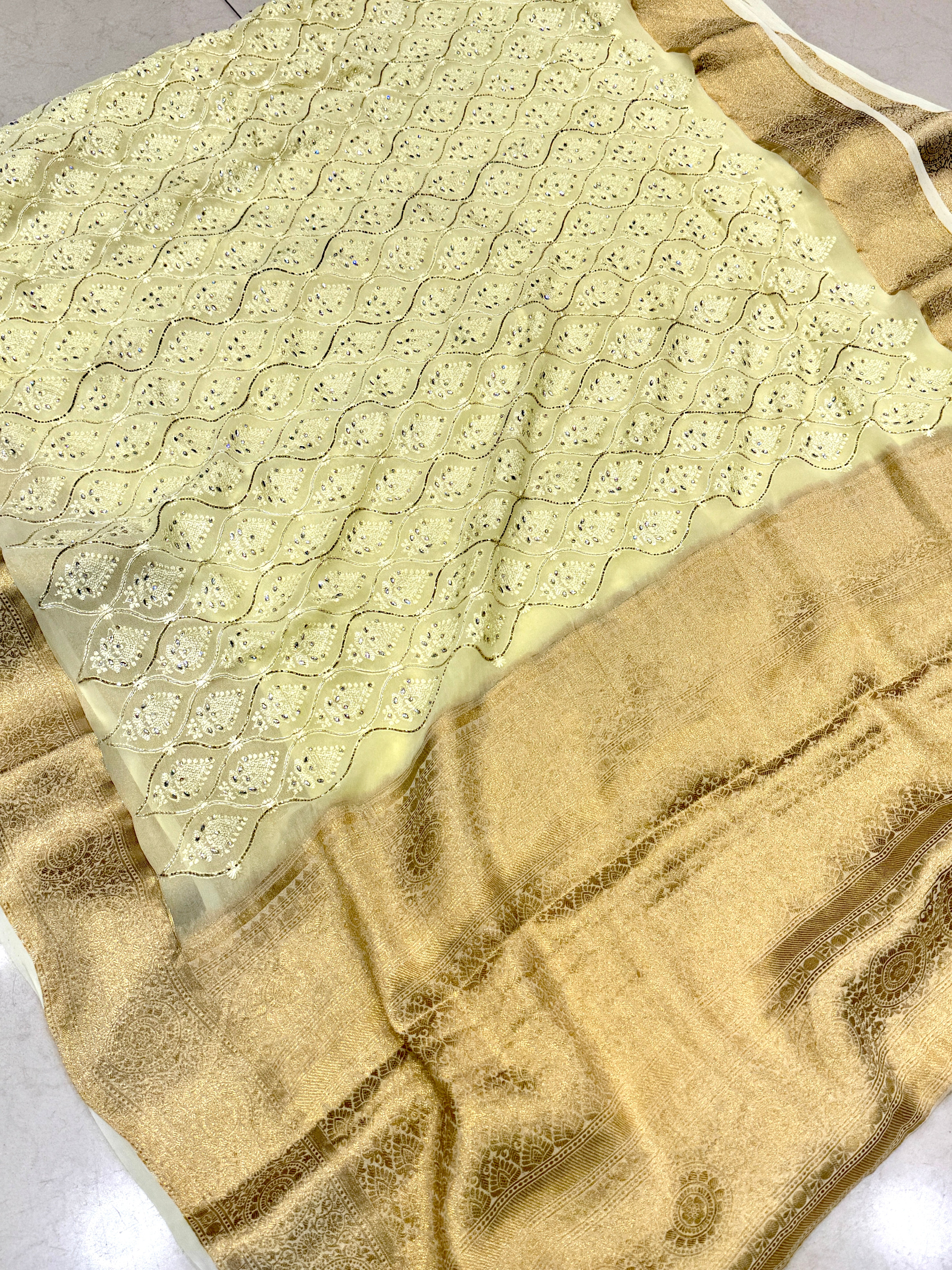 Yellow Chikankari Kanchi Style Hand Embroidery Saree