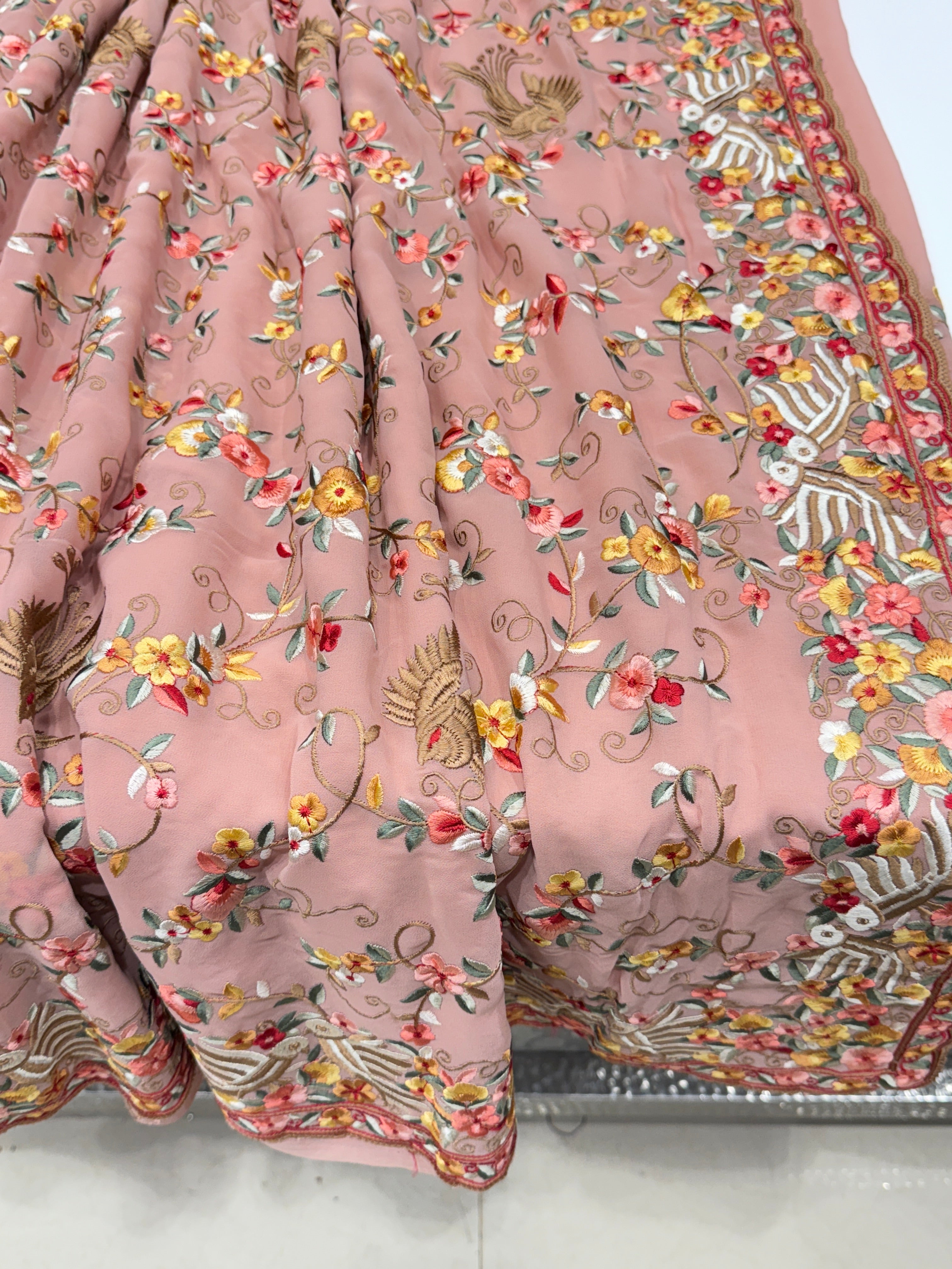 Pink Georgette Multi Colour Jaal Floral Parsi Gara Saree