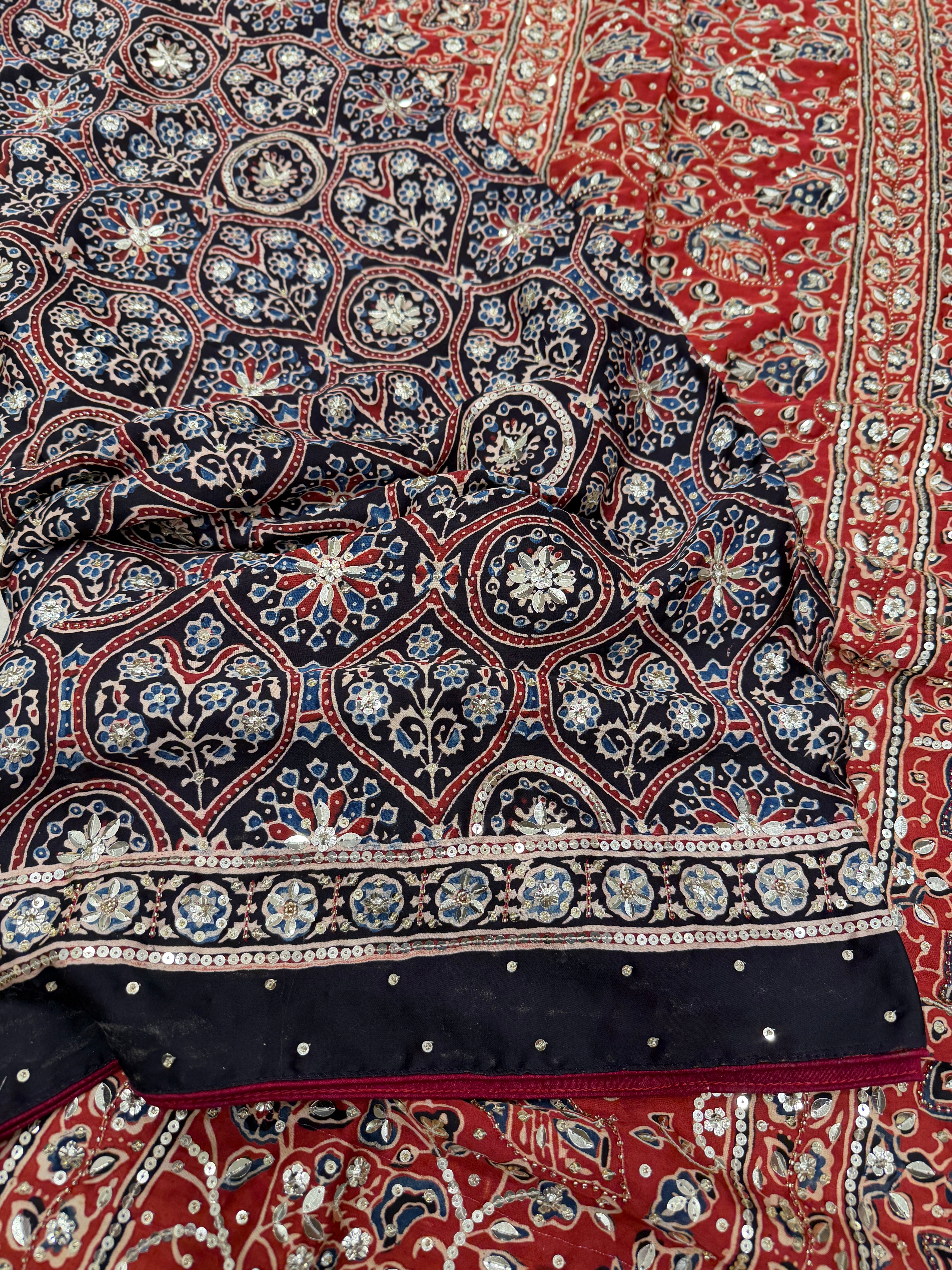 Black Red Badam Jaal Ajrakh Sequin Moti Hand Embroidery Saree