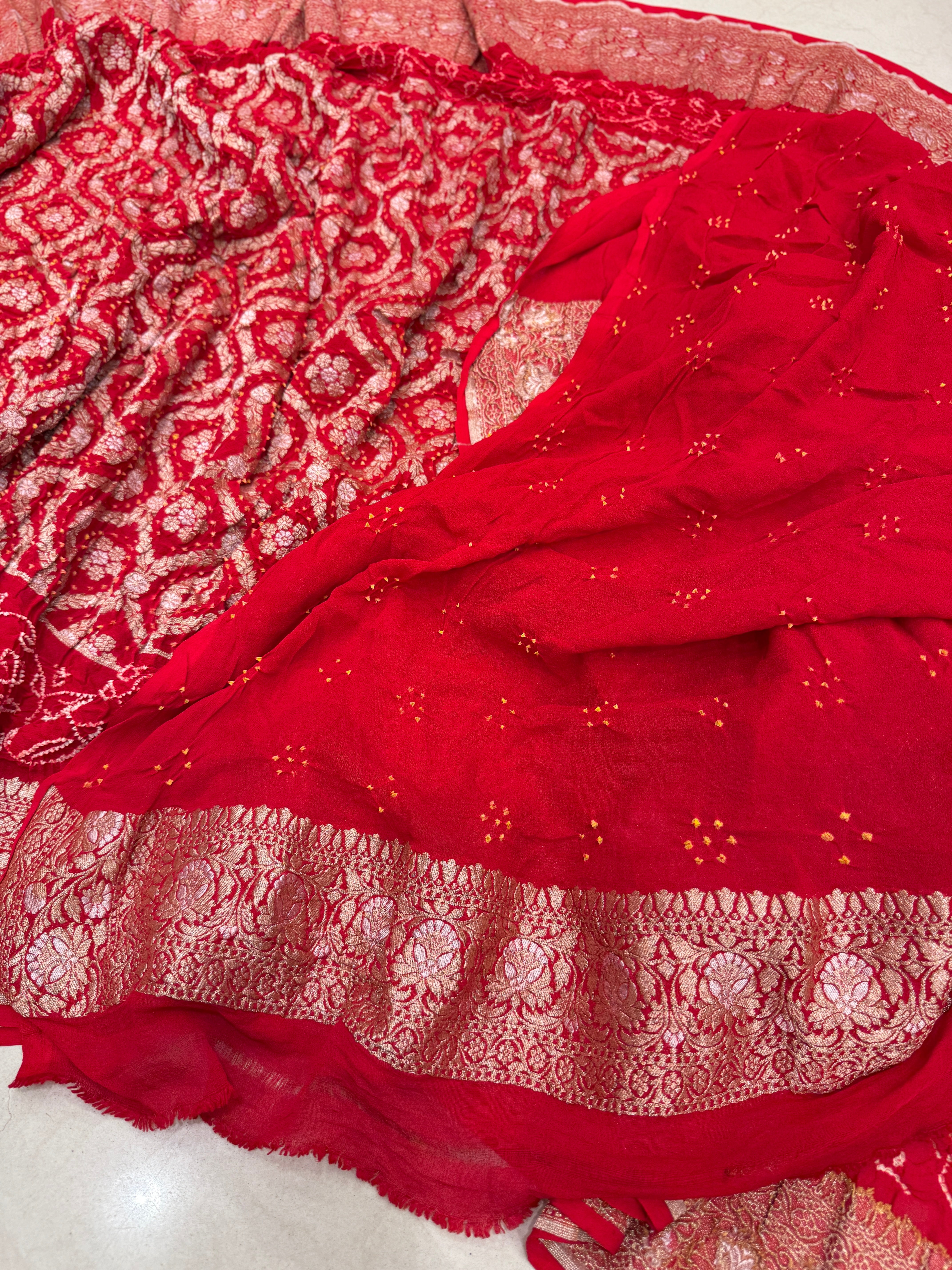 Red Sona Roopa Double Border Rai Bandhej Georgette Bandhini Saree
