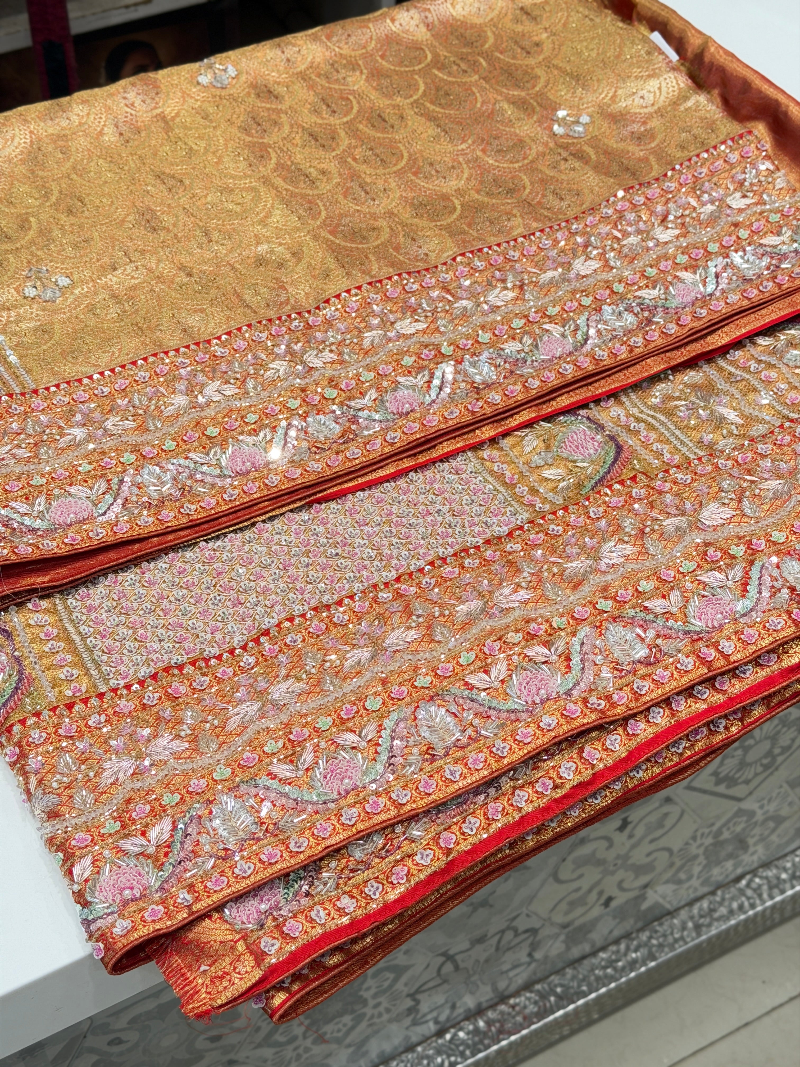 Red Jaal Tissue Kanjivaram Hand Embroidery Saree