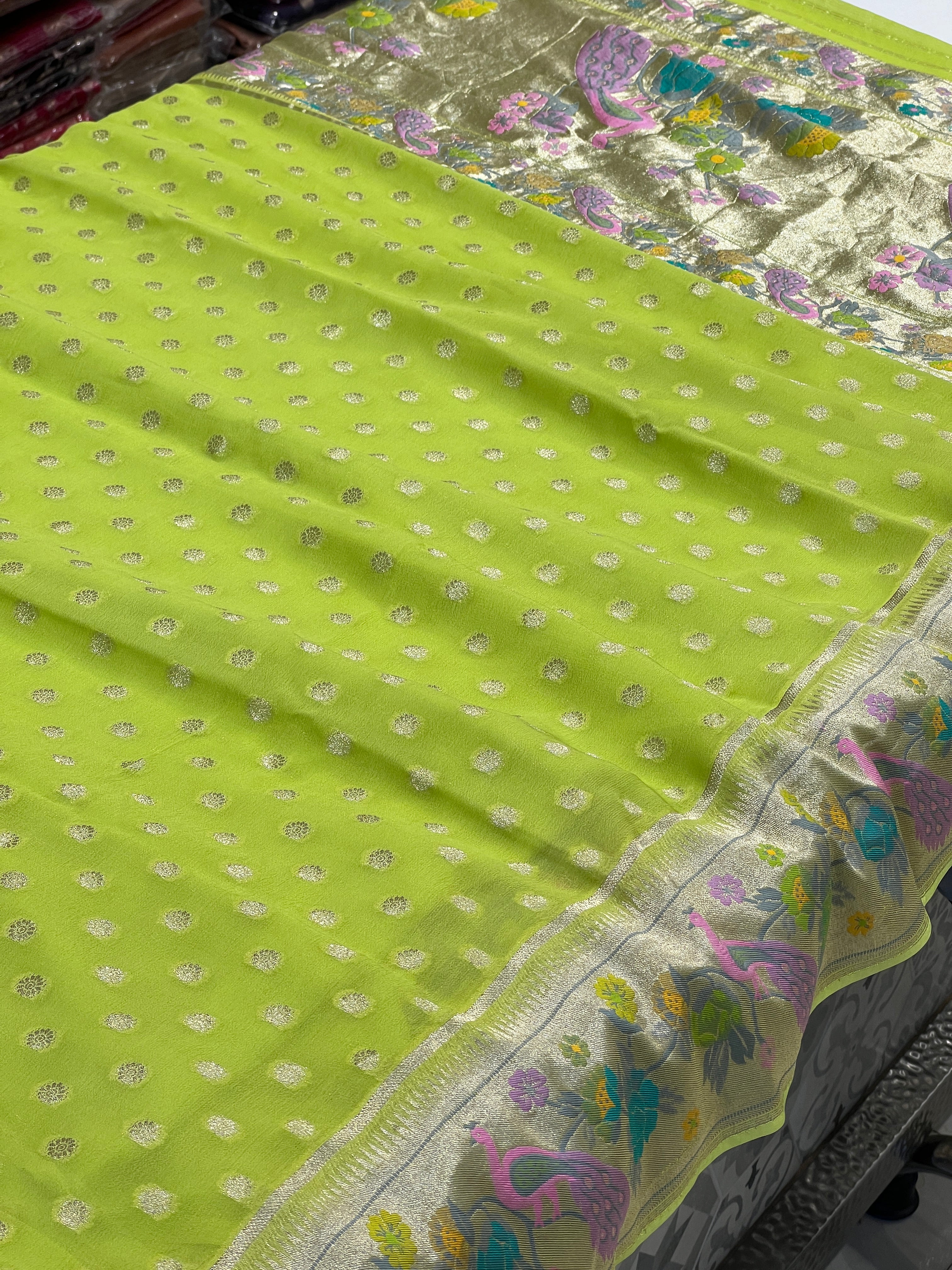 Parrot Green Banaras Khaddi Georgette Paithani