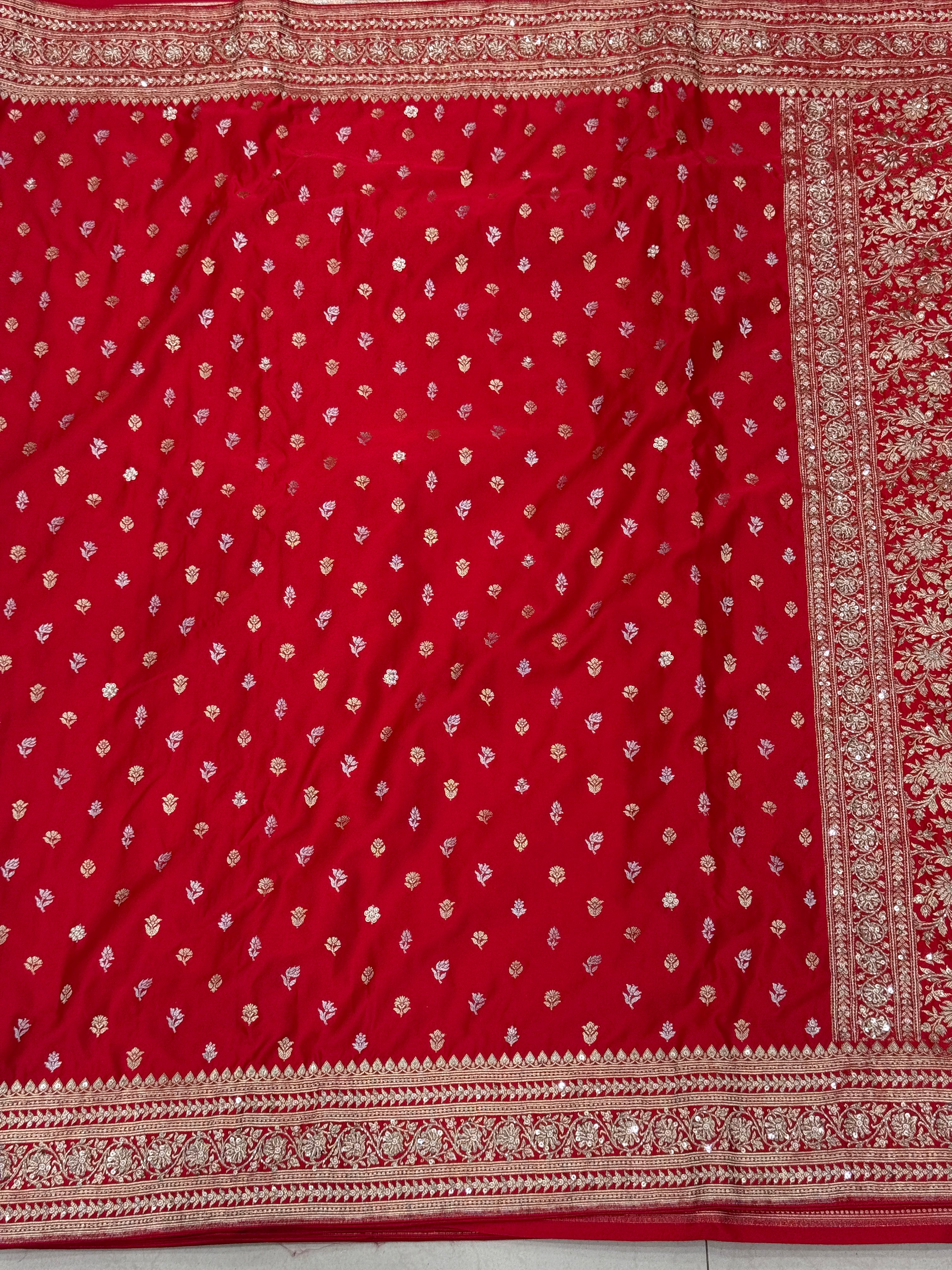 Red Sona Roopa Buttis Zardosi Hand Embroidery Banarasi Saree
