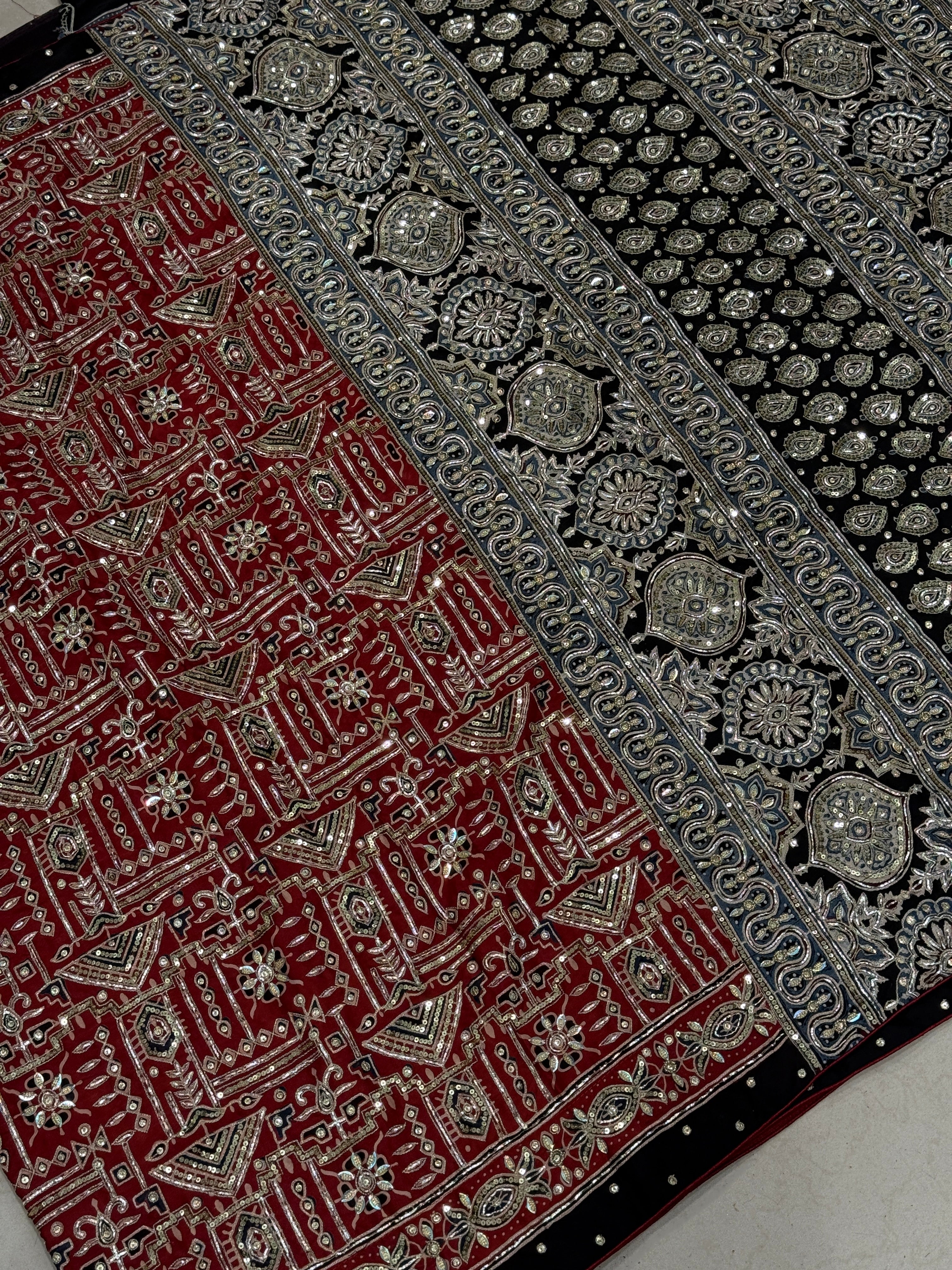 Red Contemporary Pita Zardosi Sequin Ajrakh Hand Embroidery Saree