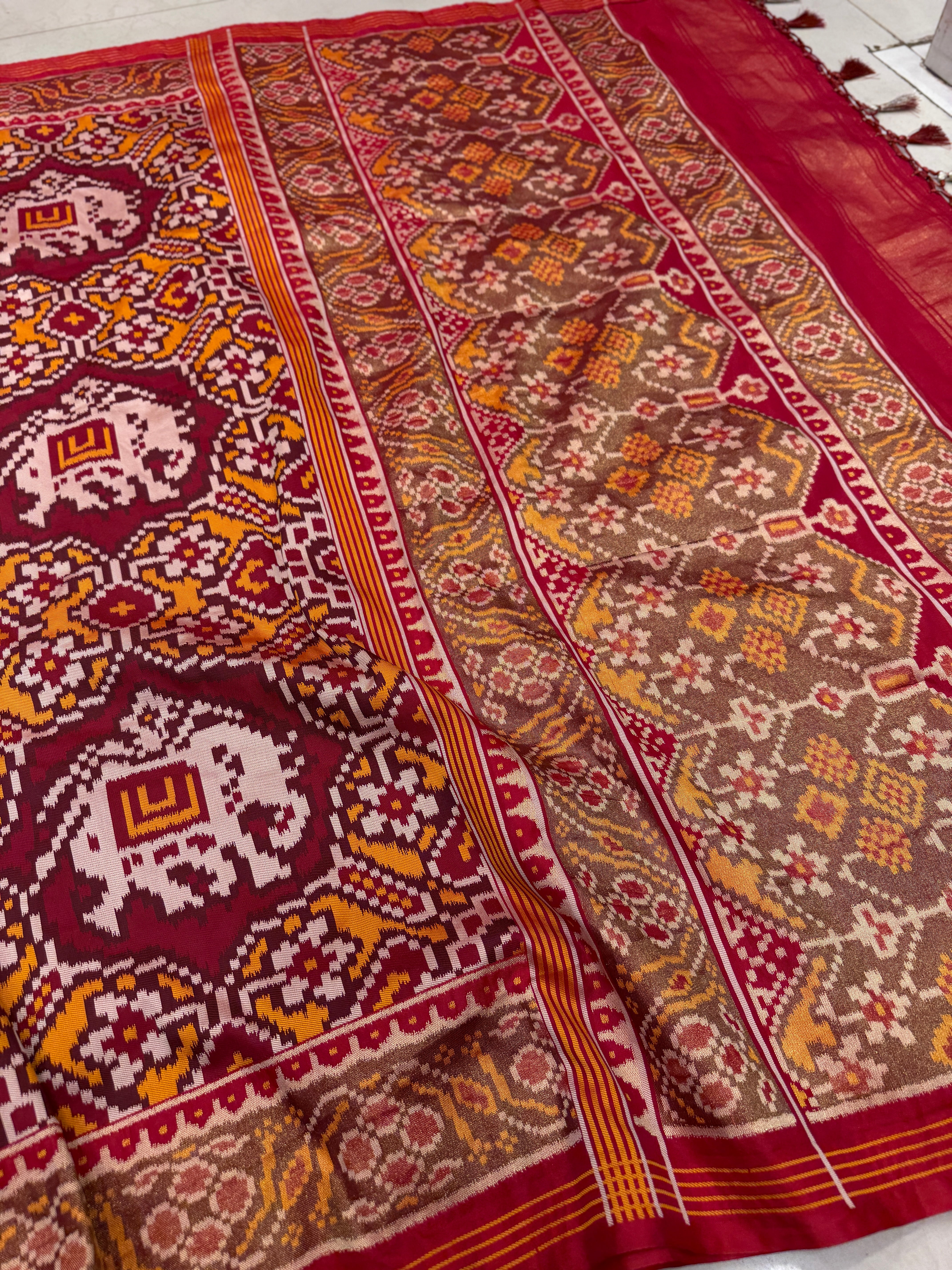 Maroon Mustard Semi Silk Weaved Patan Patola Saree