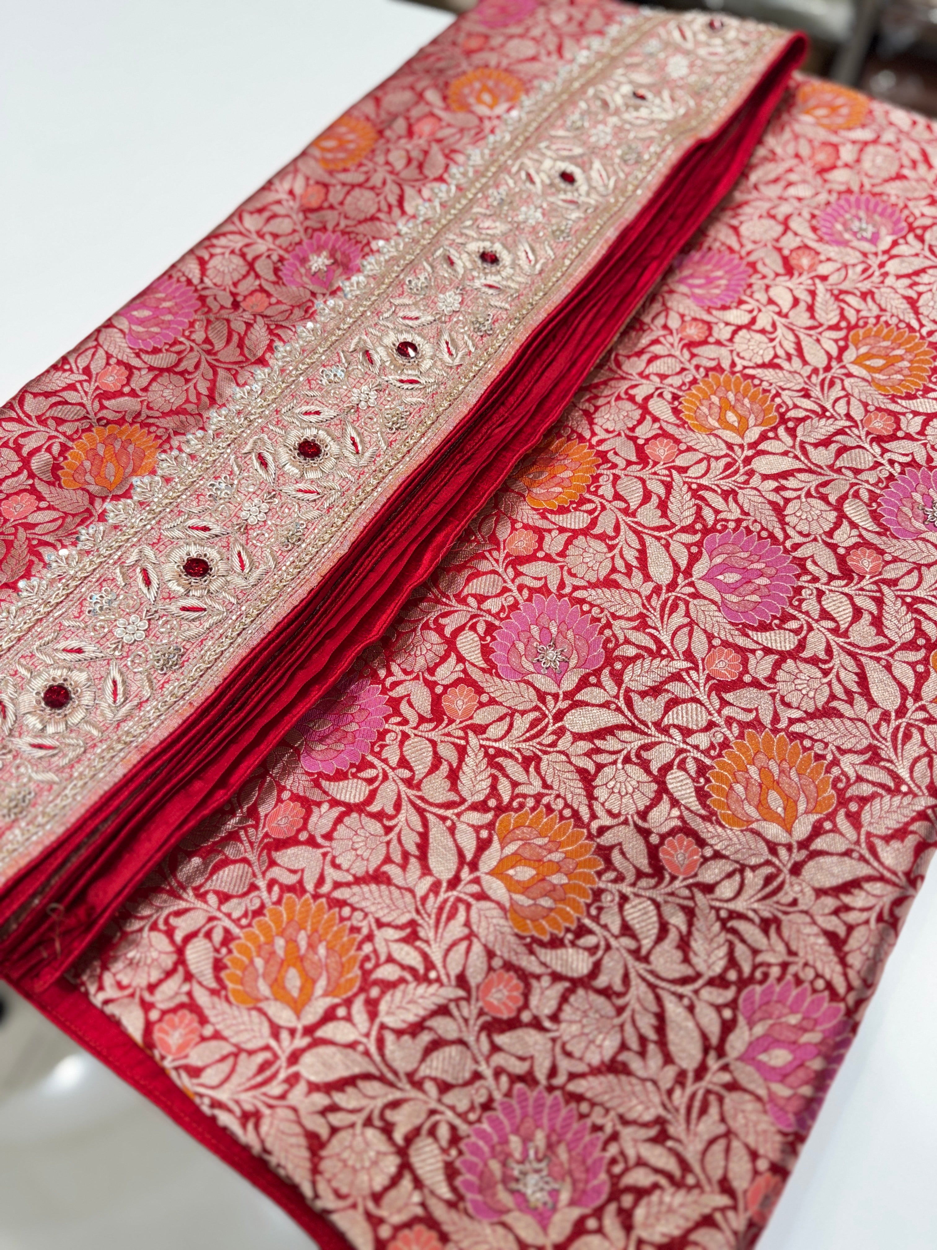 Meenakari Banarasi Katan Zardodi Hand Embroidery Crystal Saree