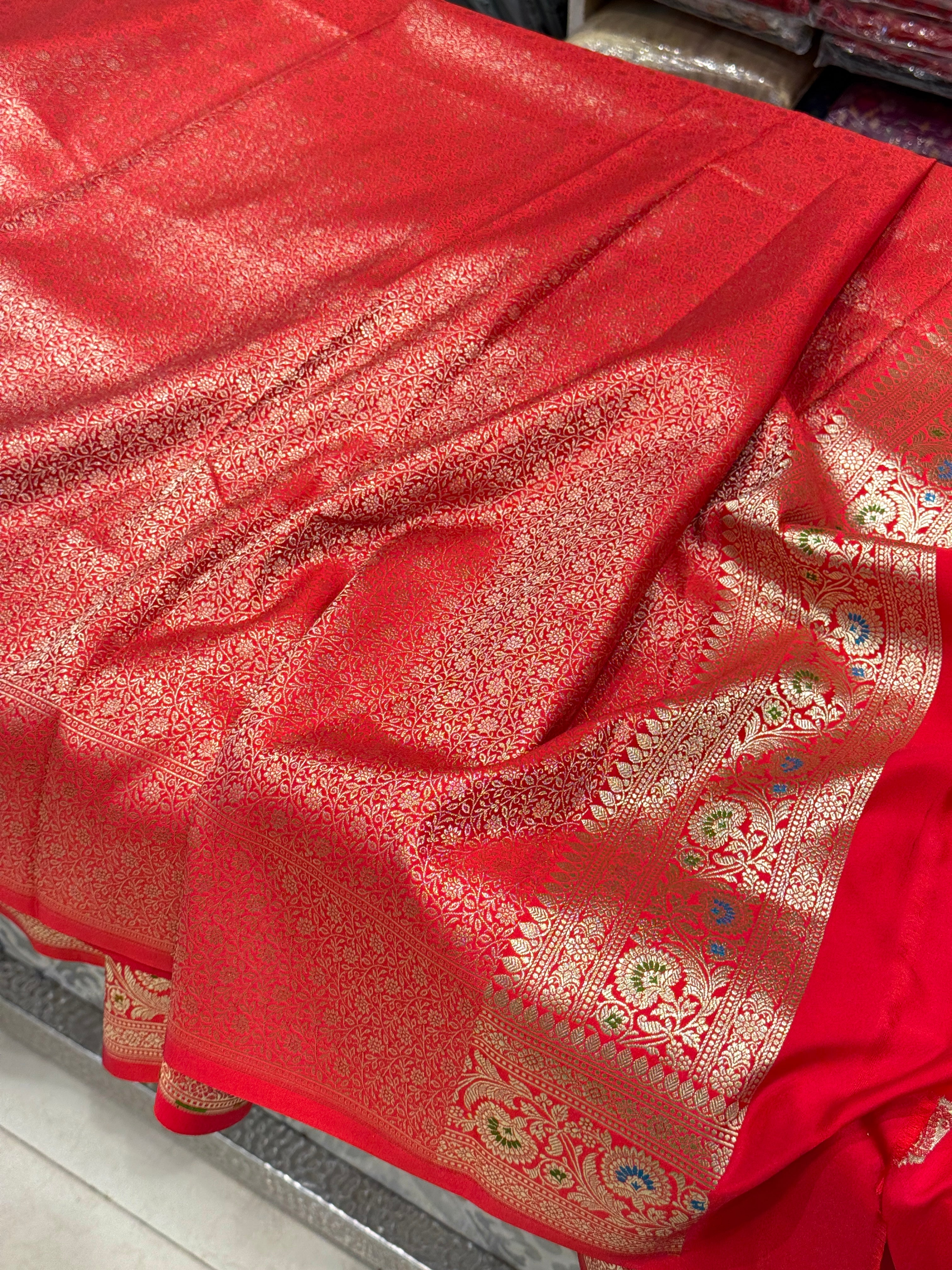 Red Banarasi Meena Border Butti Saree