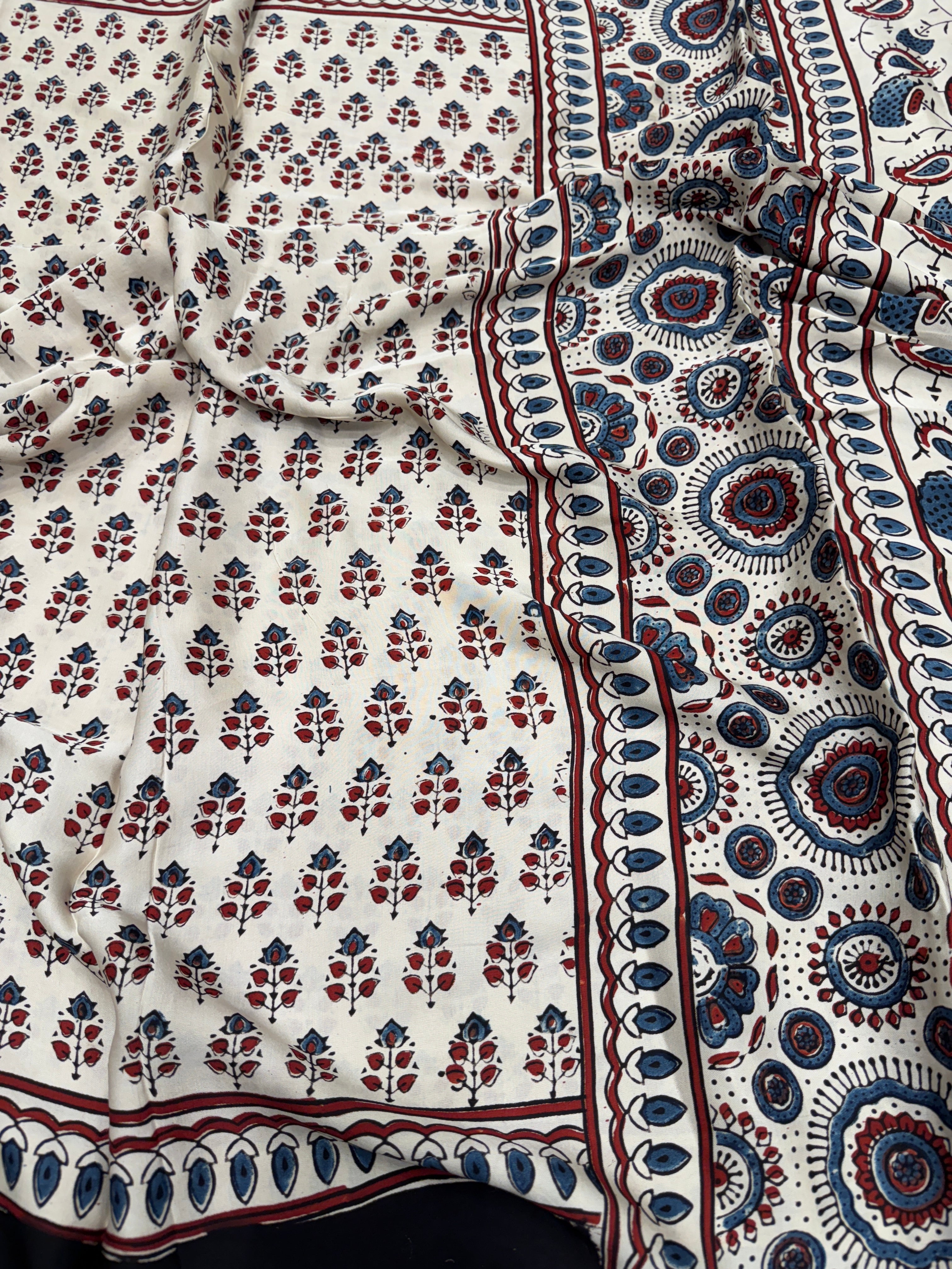 White Blue Buttis Ajrakh Block Print Hand Pure Gajji Silk Saree